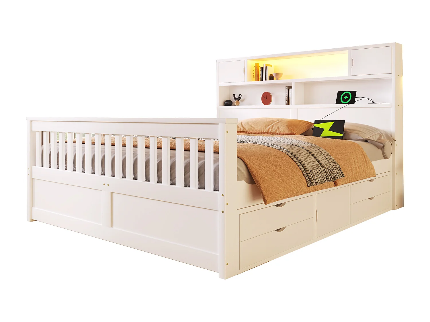 Plattformbettgestell – 160 x 200 cm – mit Regalen, Stauraum im Kopfteil, LED-Beleuchtung, USB-Anschlüssen und 4 Schubladen – MDF – weiß