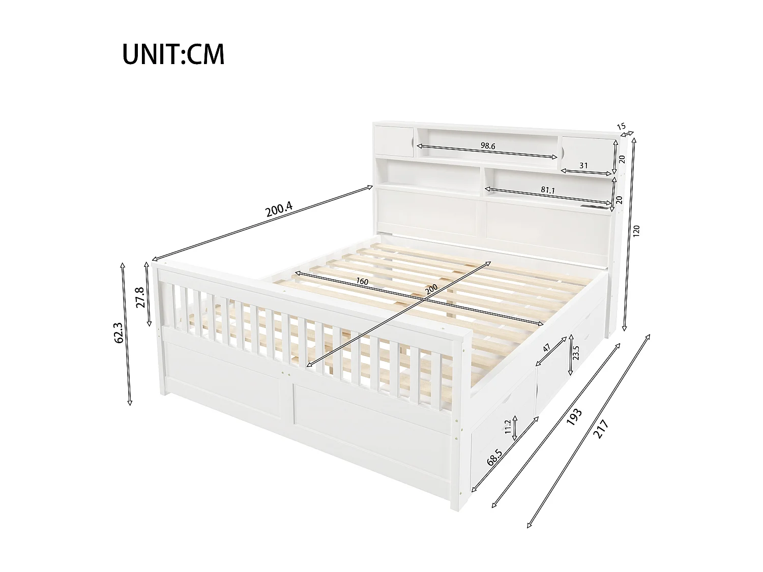 Plattformbettgestell – 160 x 200 cm – mit Regalen, Stauraum im Kopfteil, LED-Beleuchtung, USB-Anschlüssen und 4 Schubladen – MDF – weiß