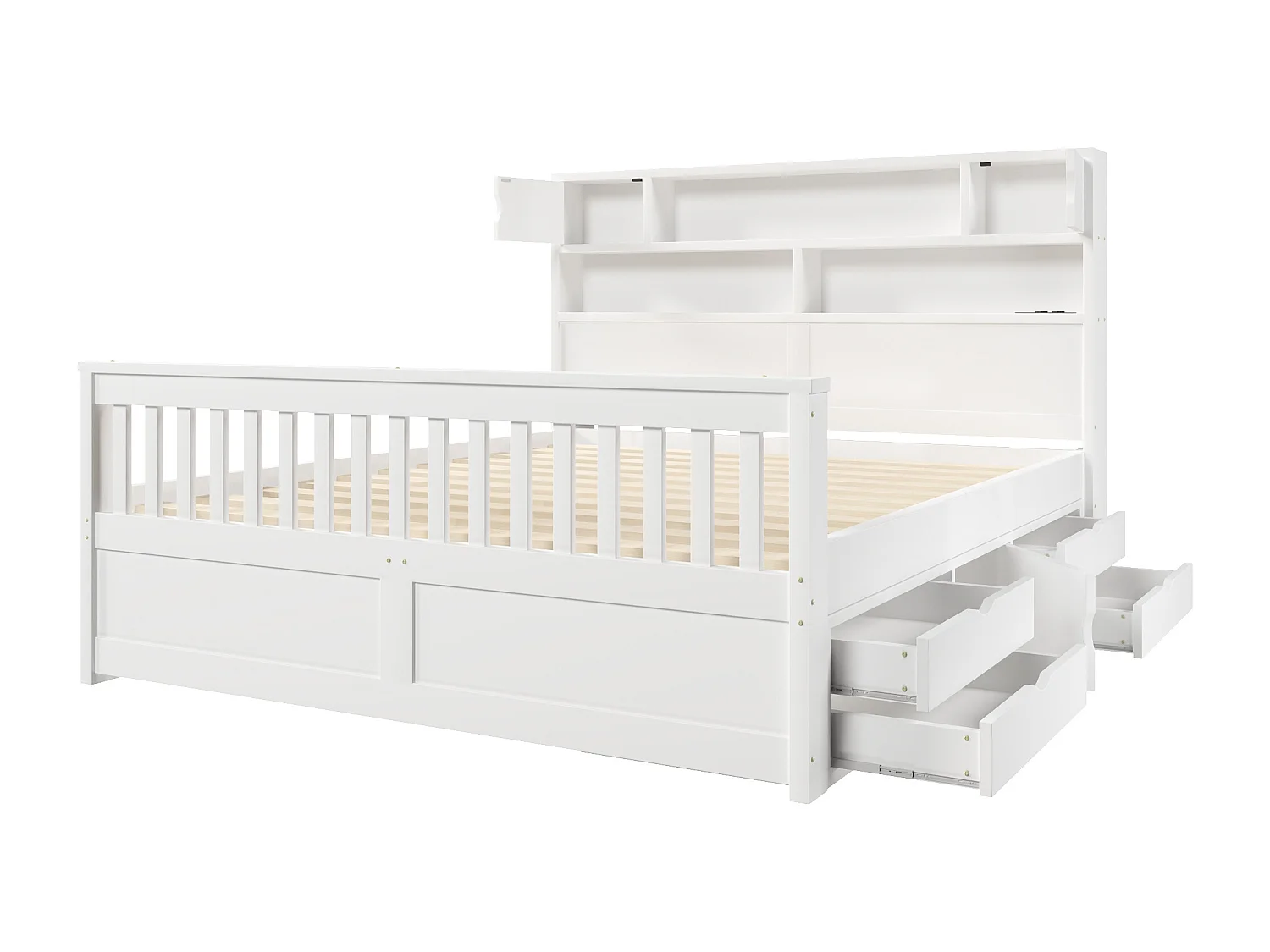 Plattformbettgestell – 160 x 200 cm – mit Regalen, Stauraum im Kopfteil, LED-Beleuchtung, USB-Anschlüssen und 4 Schubladen – MDF – weiß