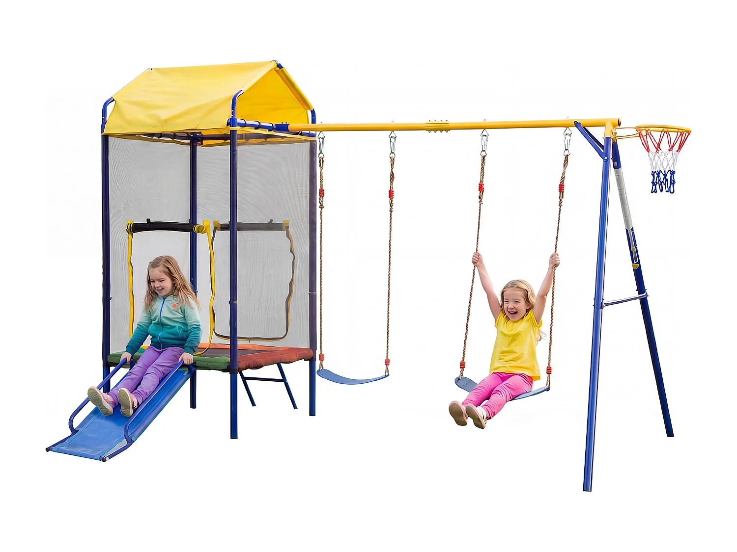 Aire de Jeux de Jardin 4-en-1 : Portique avec Trampoline Sécurisé, Toboggan, Double Balançoire et Panier de Basket - Structure Acier Renforcé - Bleu