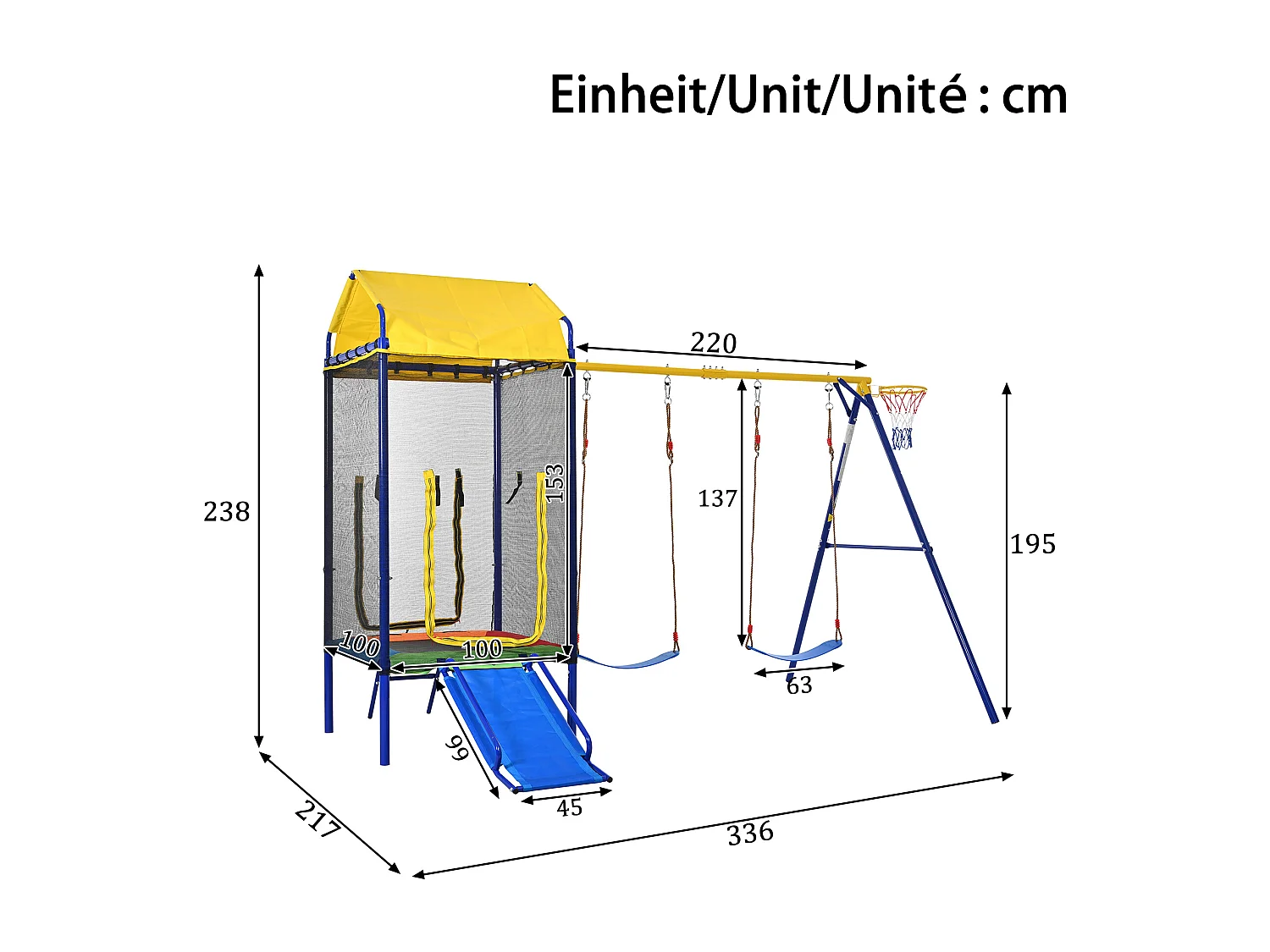 Aire de Jeux de Jardin 4-en-1 : Portique avec Trampoline Sécurisé, Toboggan, Double Balançoire et Panier de Basket - Structure Acier Renforcé - Bleu