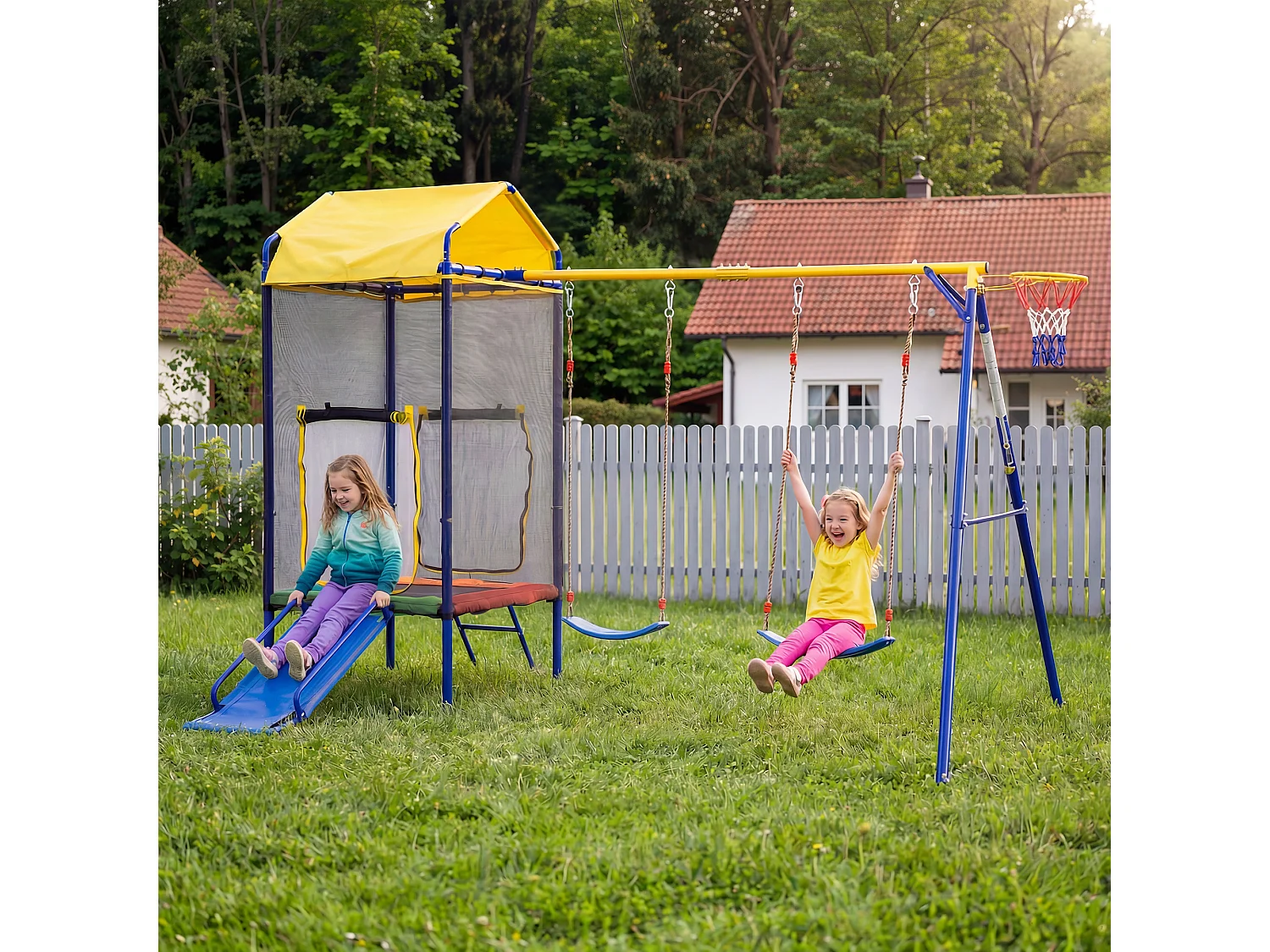 Aire de Jeux de Jardin 4-en-1 : Portique avec Trampoline Sécurisé, Toboggan, Double Balançoire et Panier de Basket - Structure Acier Renforcé - Bleu