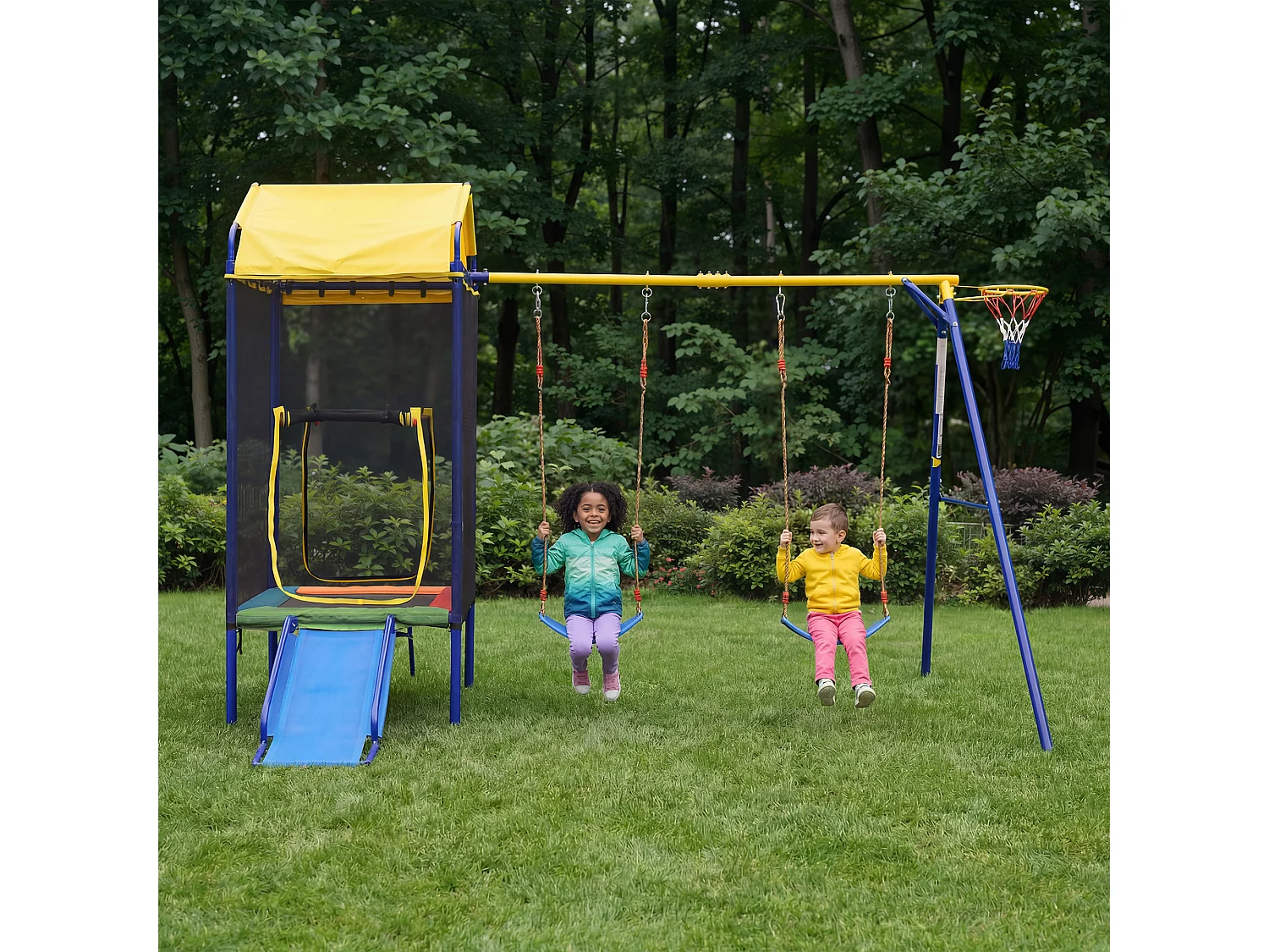 Aire de Jeux de Jardin 4-en-1 : Portique avec Trampoline Sécurisé, Toboggan, Double Balançoire et Panier de Basket - Structure Acier Renforcé - Bleu