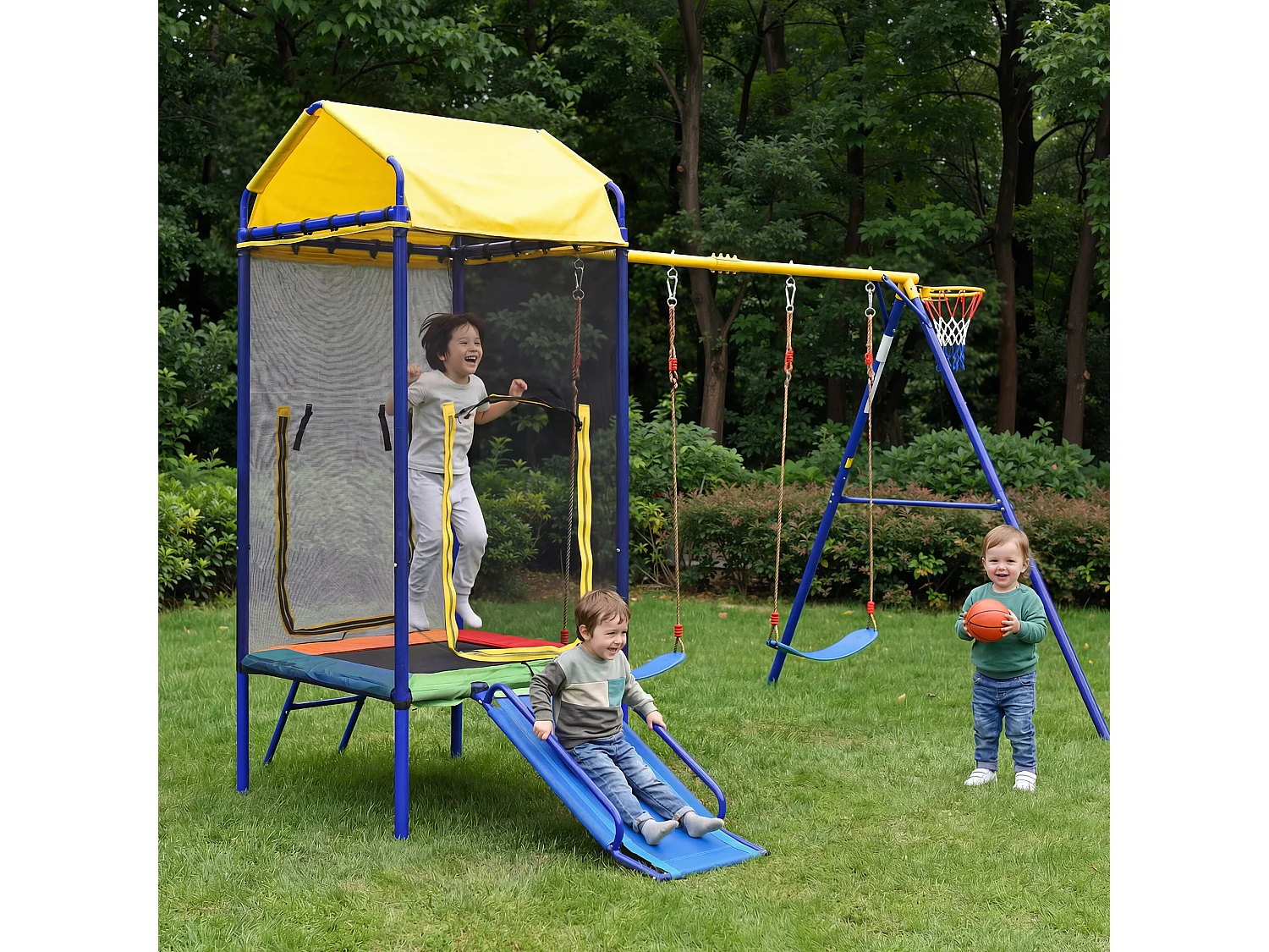 Aire de Jeux de Jardin 4-en-1 : Portique avec Trampoline Sécurisé, Toboggan, Double Balançoire et Panier de Basket - Structure Acier Renforcé - Bleu