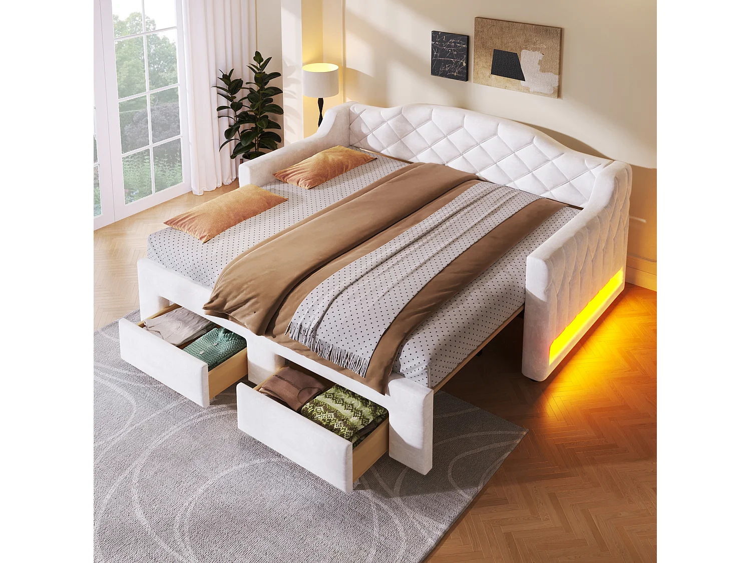 Lit banquette capitonnée gigogne - 90/180 x 200 cm - avec Leds + 2 tiroirs - MDF - blanc