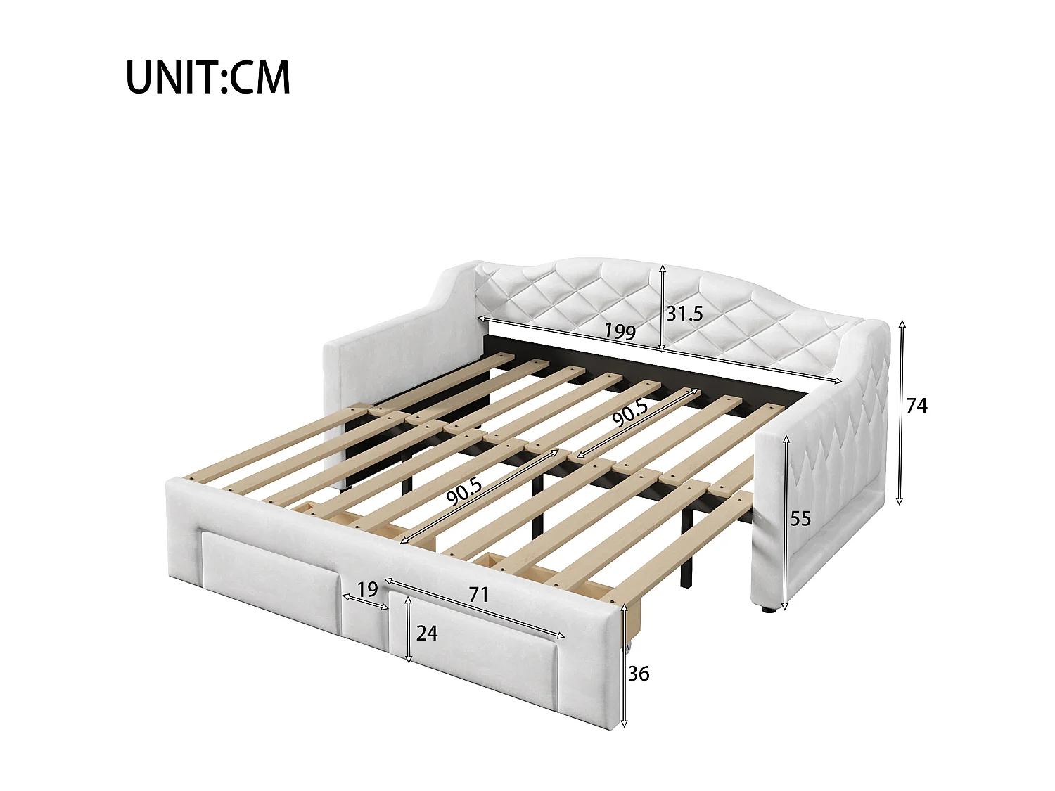 Lit banquette capitonnée gigogne - 90/180 x 200 cm - avec Leds + 2 tiroirs - MDF - blanc
