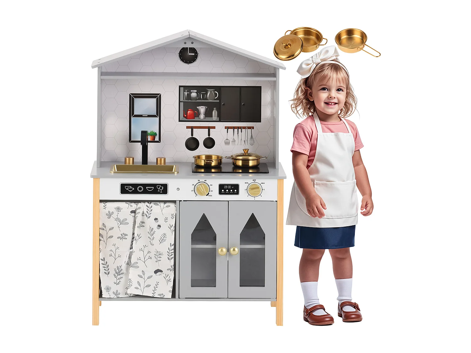 Cuisine Enfants en bois 60x28.5x92cm - cuisine entièrement équipée - Jouet d’Imitation pour 3 Ans+ (Gris)