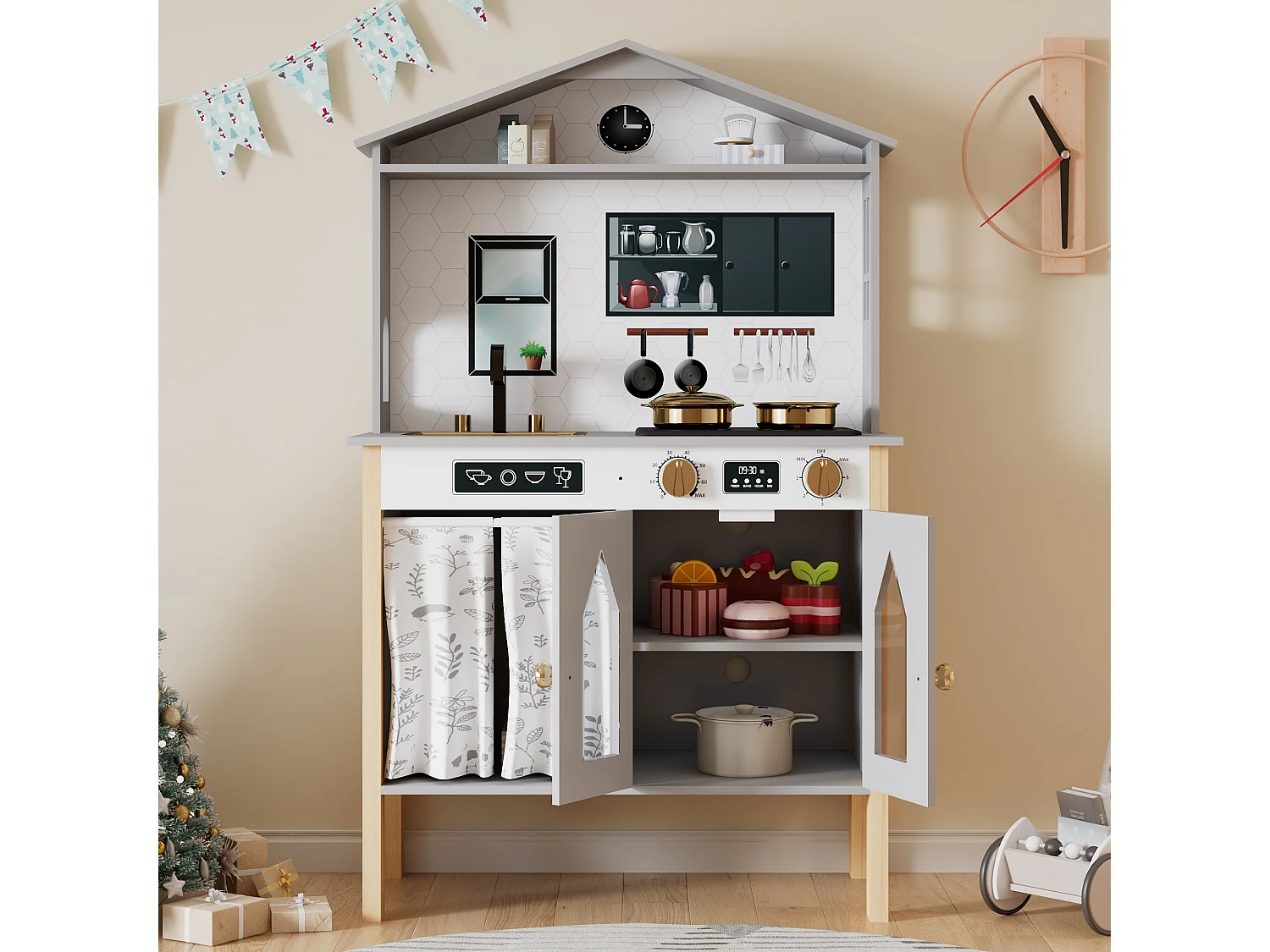 Cuisine Enfants en bois 60x28.5x92cm - cuisine entièrement équipée - Jouet d’Imitation pour 3 Ans+ (Gris)