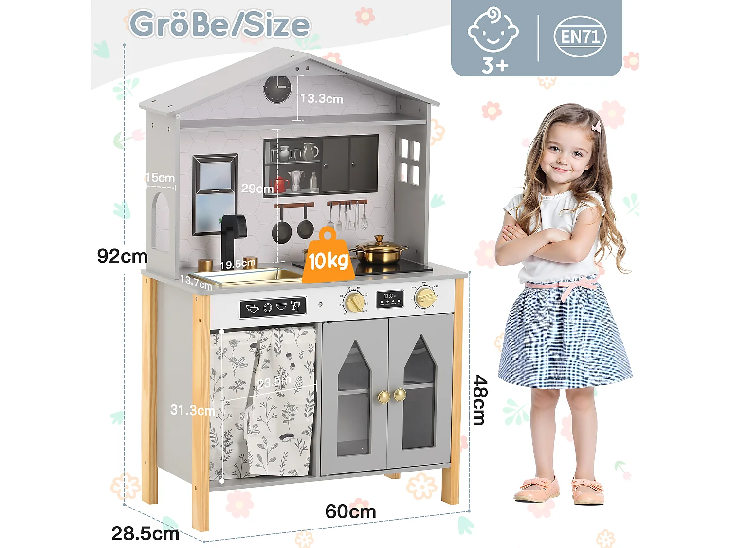 Cuisine Enfants en bois 60x28.5x92cm - cuisine entièrement équipée - Jouet d’Imitation pour 3 Ans+ (Gris)