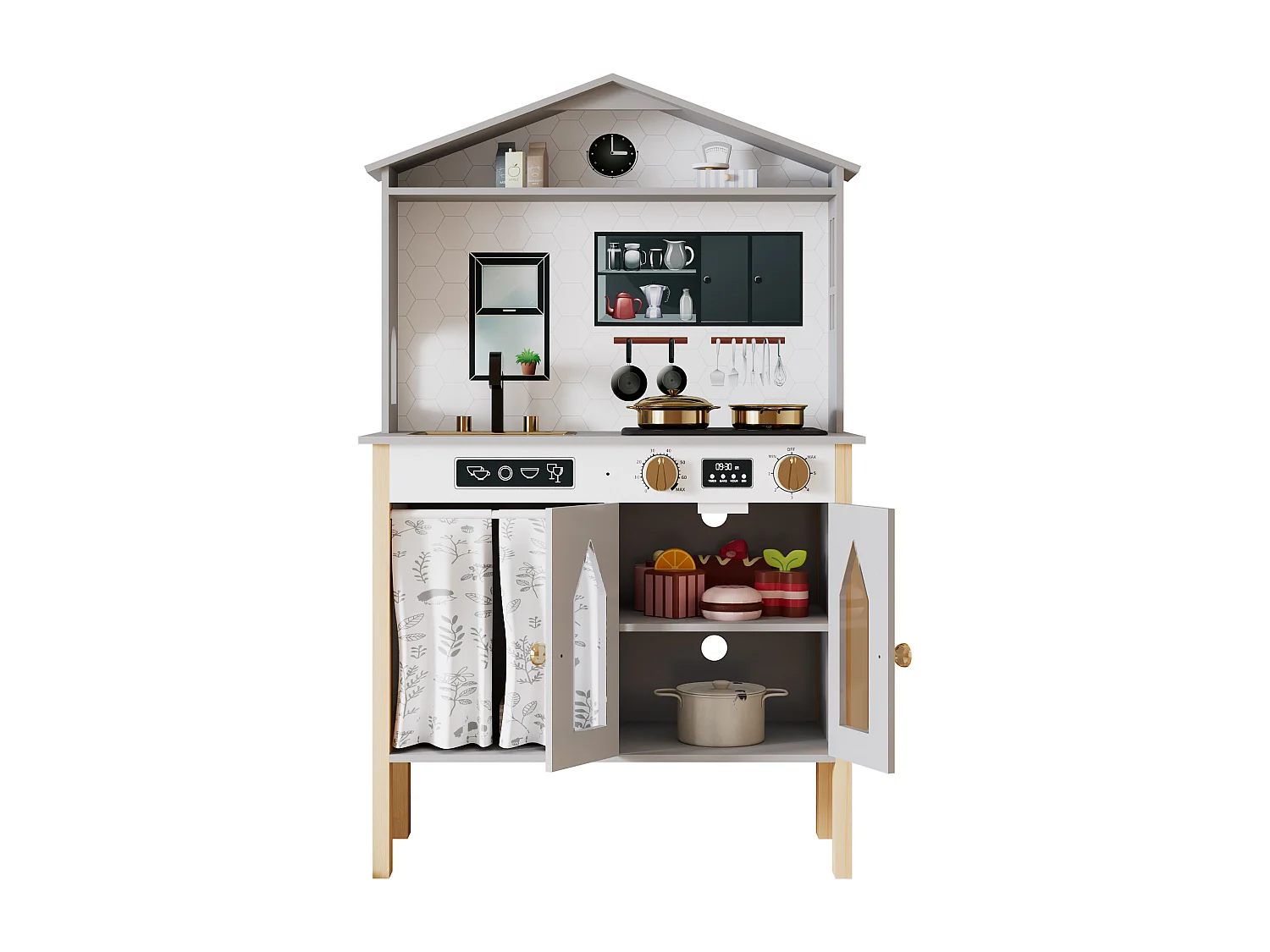 Cuisine Enfants en bois 60x28.5x92cm - cuisine entièrement équipée - Jouet d’Imitation pour 3 Ans+ (Gris)