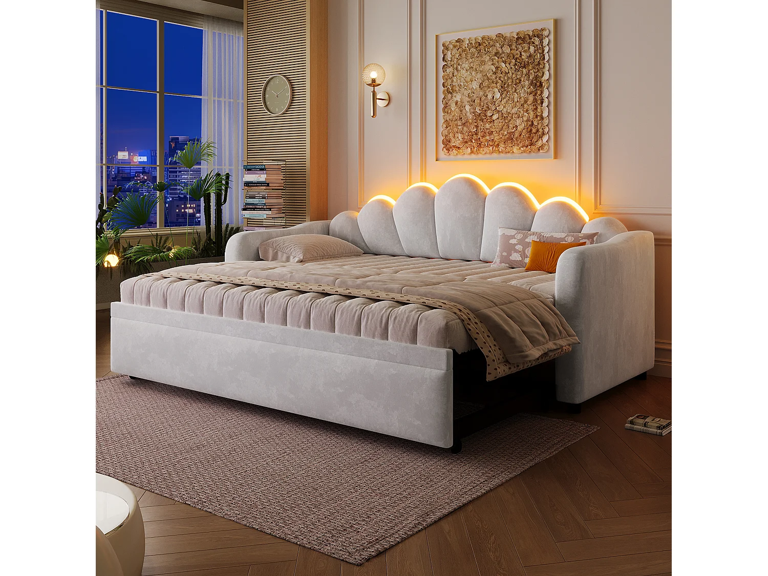Lit banquette capitonnée gigogne - 90/180 x 200 cm - avec Leds - MDF - gris