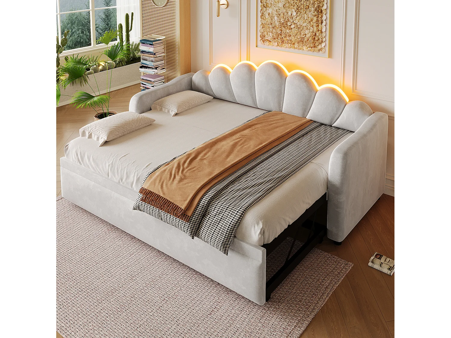 Lit banquette capitonnée gigogne - 90/180 x 200 cm - avec Leds - MDF - gris