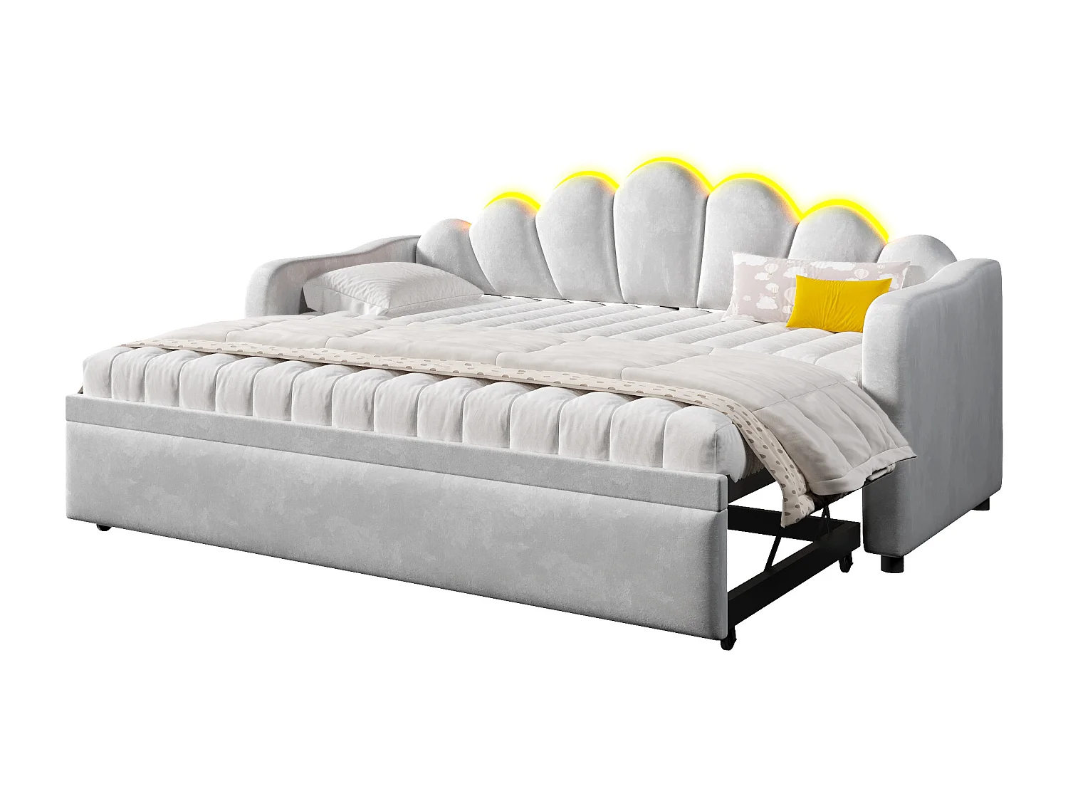 Lit banquette capitonnée gigogne - 90/180 x 200 cm - avec Leds - MDF - gris