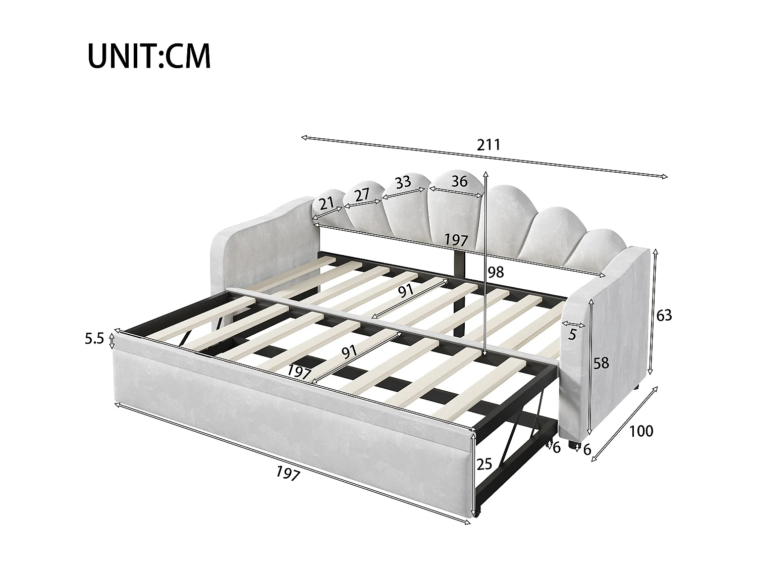 Lit banquette capitonnée gigogne - 90/180 x 200 cm - avec Leds - MDF - gris