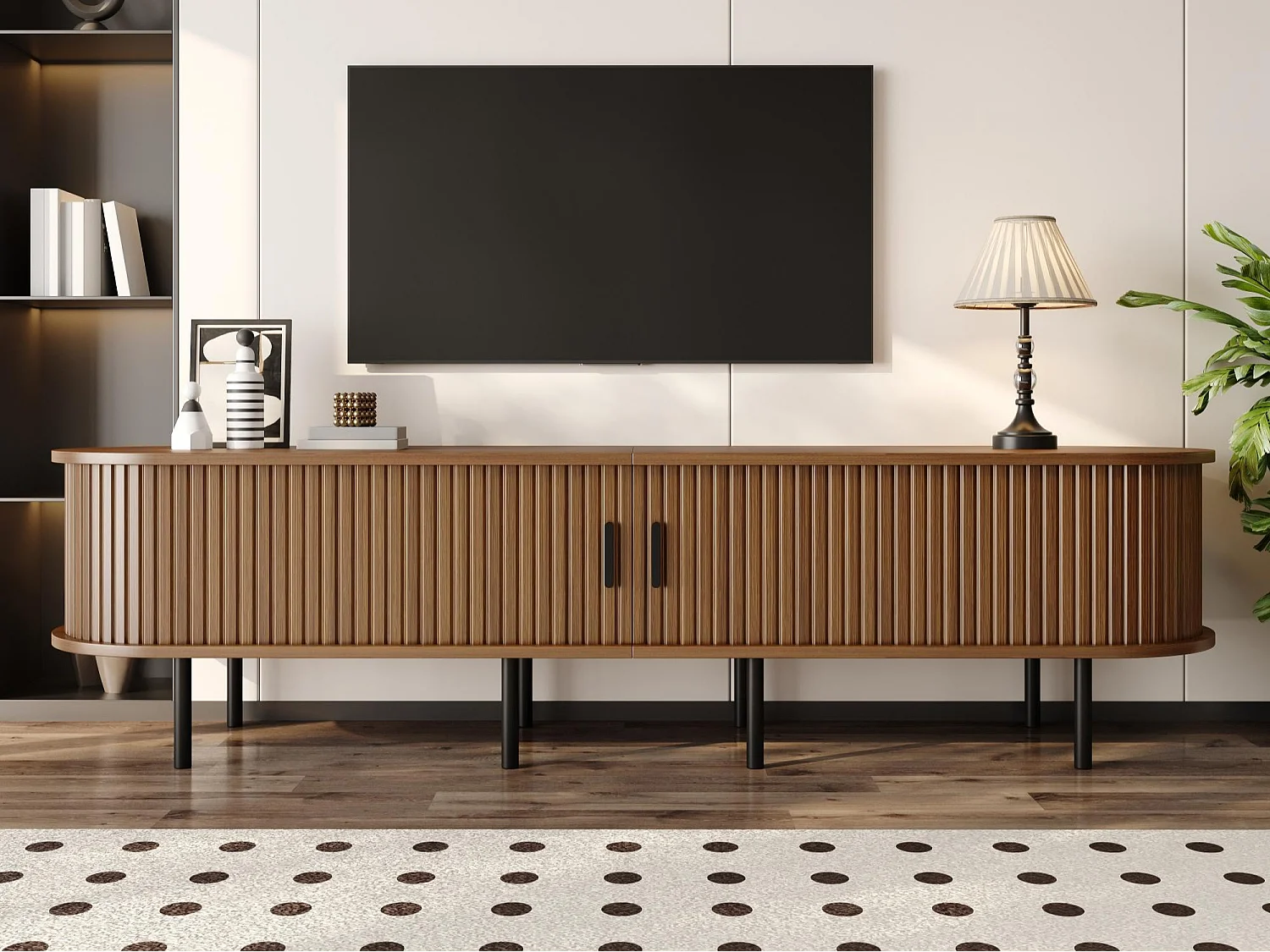 Ovaler TV-Schrank 170x40x46 cm - 2 Schiebetüren und 2 offene Regale - Metallfüße - MDF - Braun