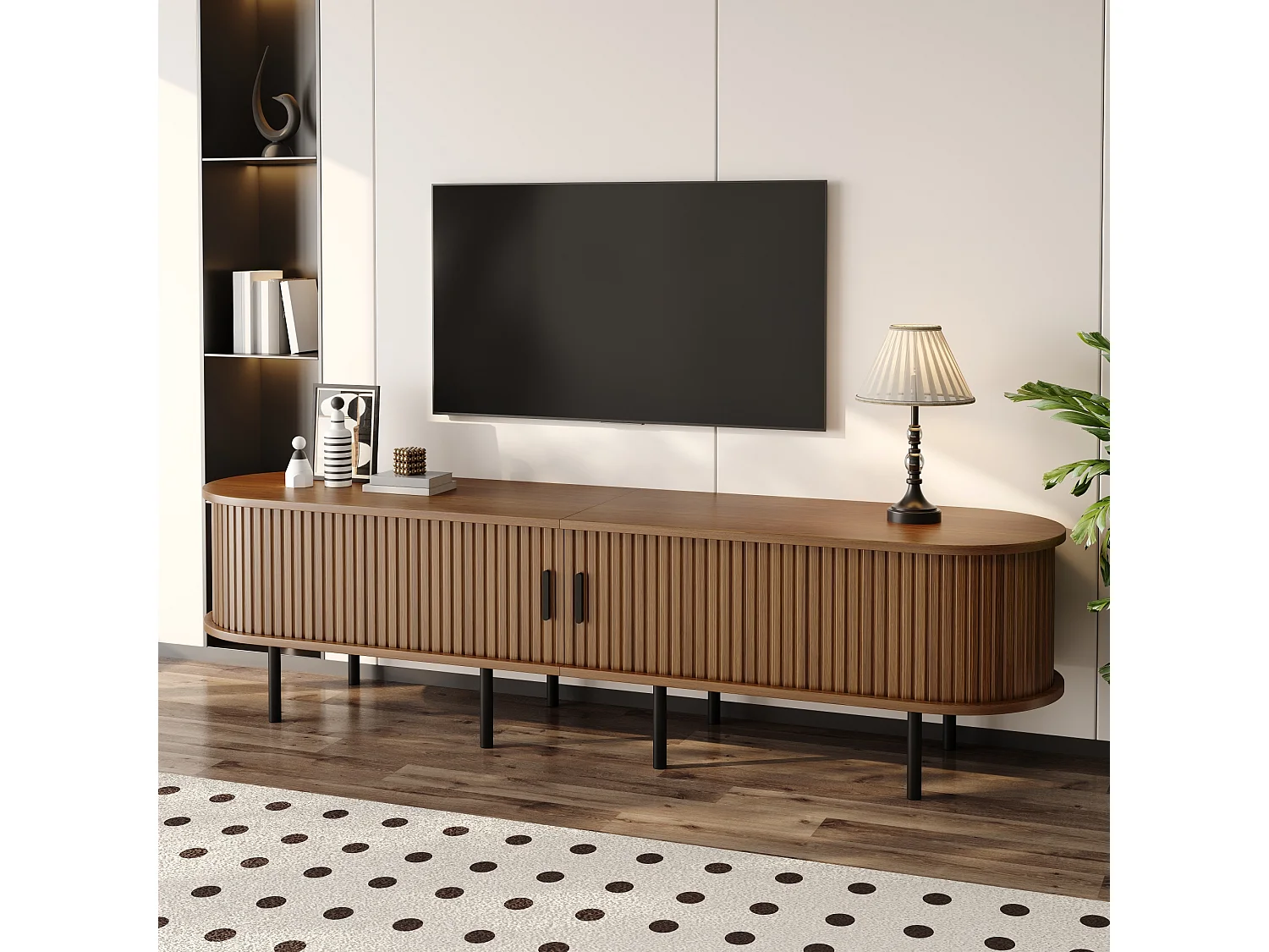 Ovaler TV-Schrank 170x40x46 cm - 2 Schiebetüren und 2 offene Regale - Metallfüße - MDF - Braun