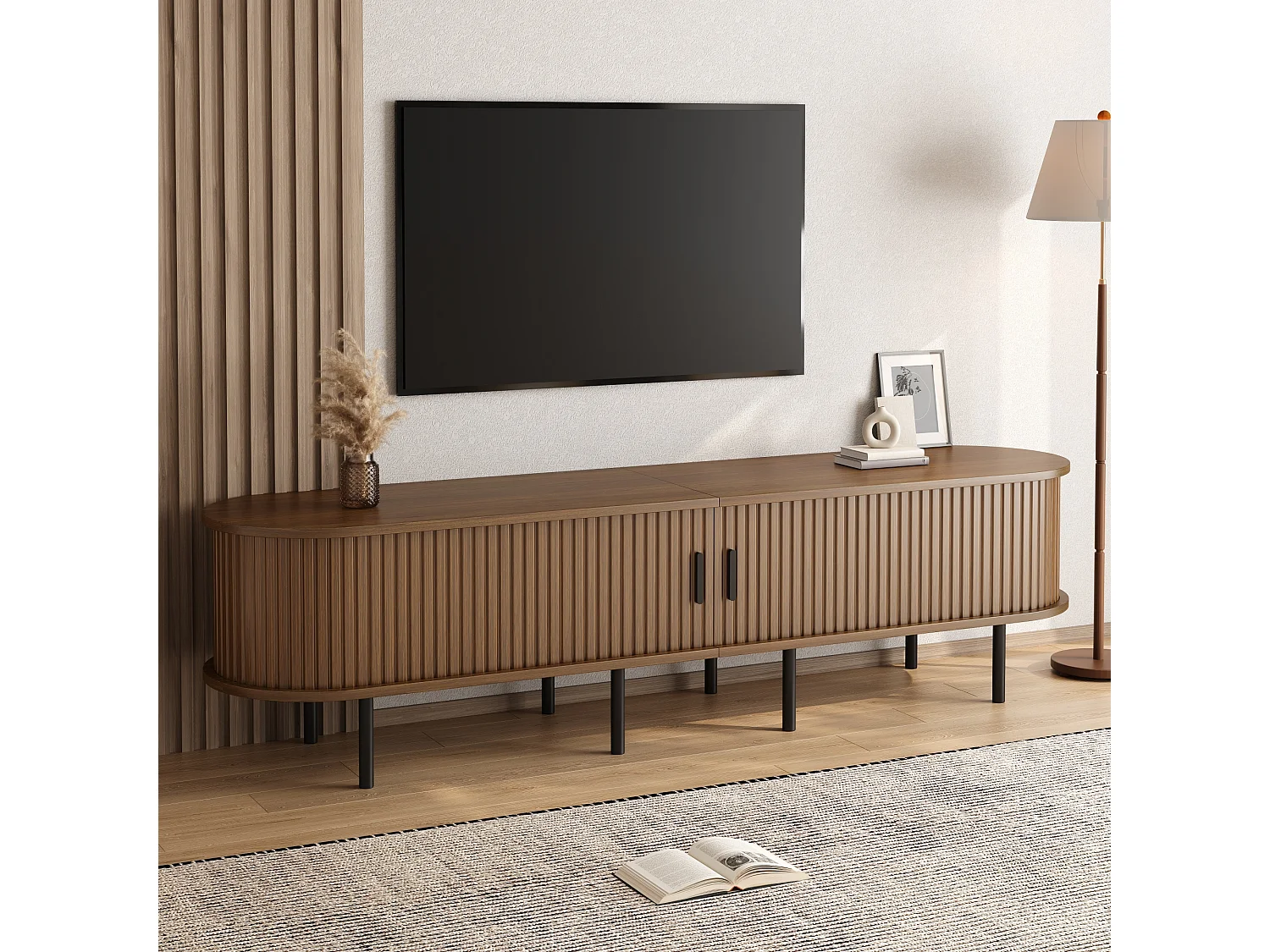 Ovaler TV-Schrank 170x40x46 cm - 2 Schiebetüren und 2 offene Regale - Metallfüße - MDF - Braun