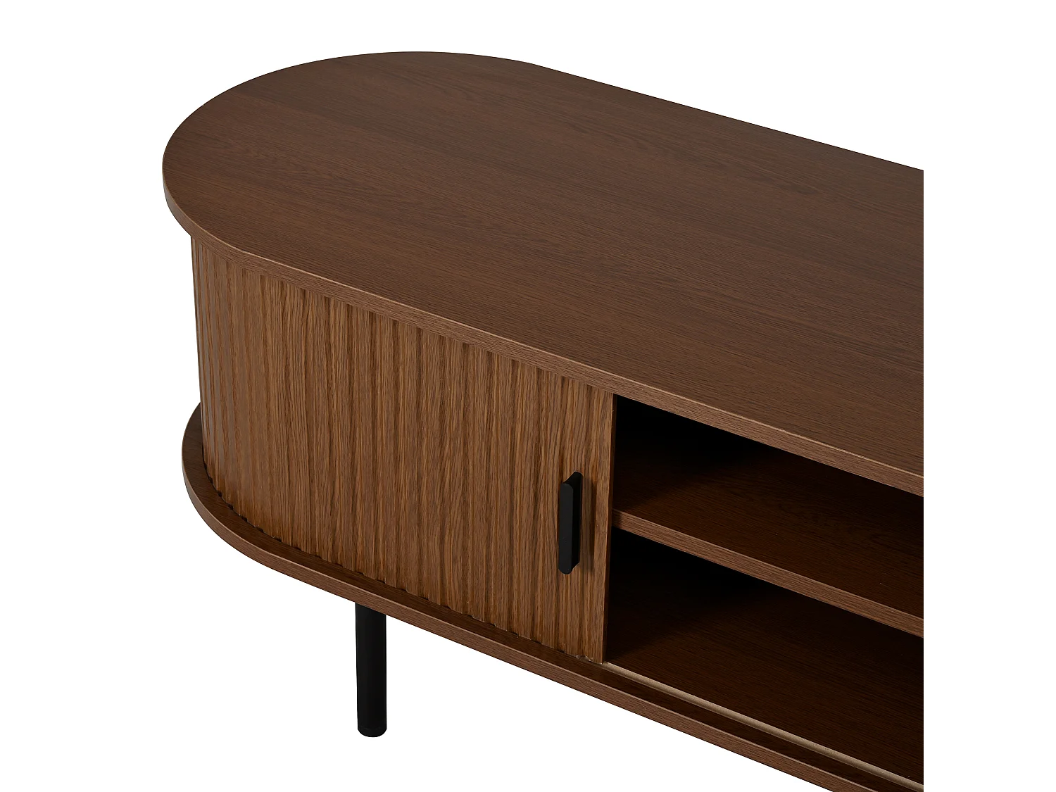 Ovaler TV-Schrank 170x40x46 cm - 2 Schiebetüren und 2 offene Regale - Metallfüße - MDF - Braun