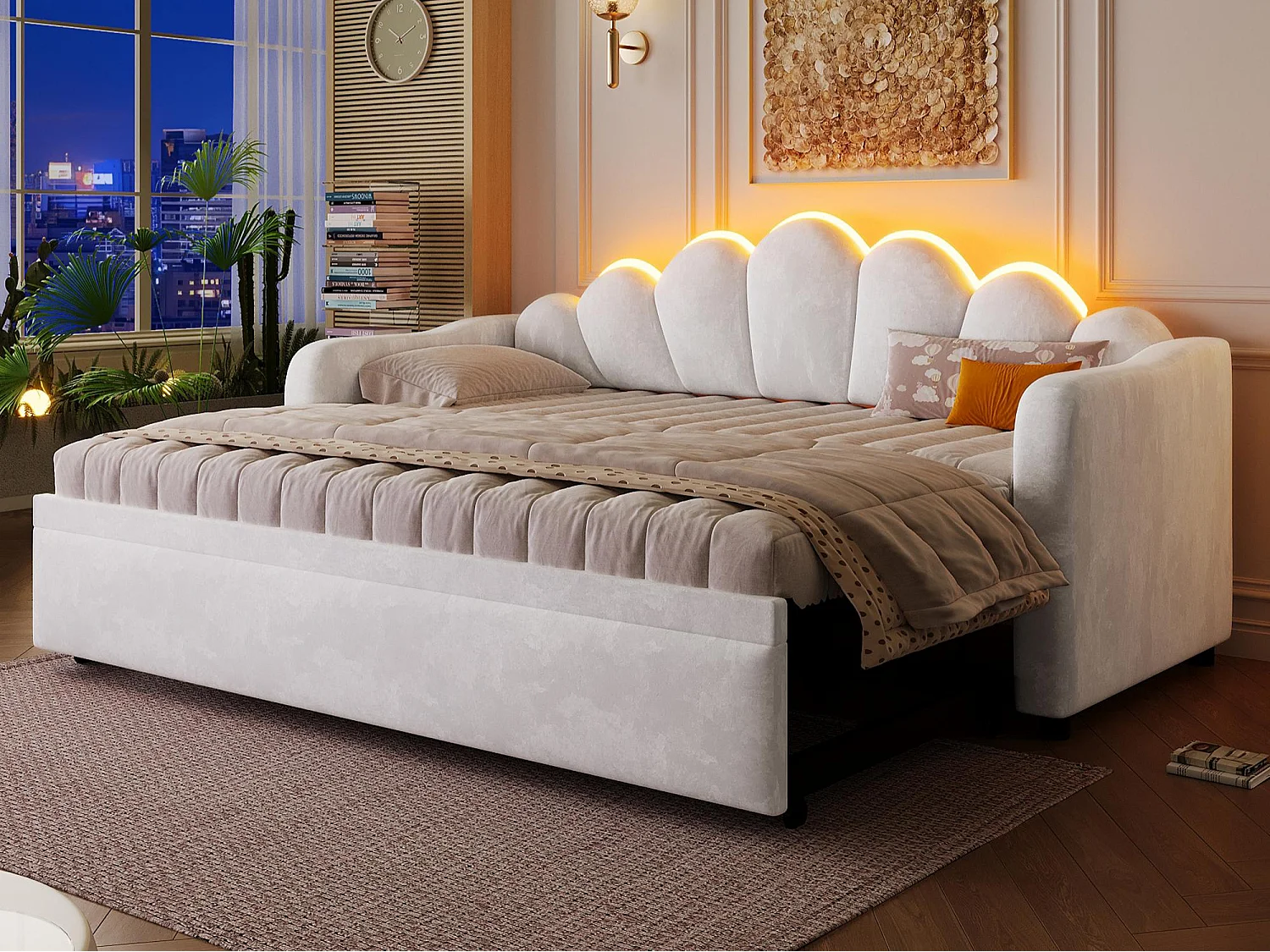 Gepolstertes Schlafsofa 90x200 cm - Mit Gästebett - Integrierte LED-Beleuchtung - Samt + MDF - Weiß​ (ohne Matratze)