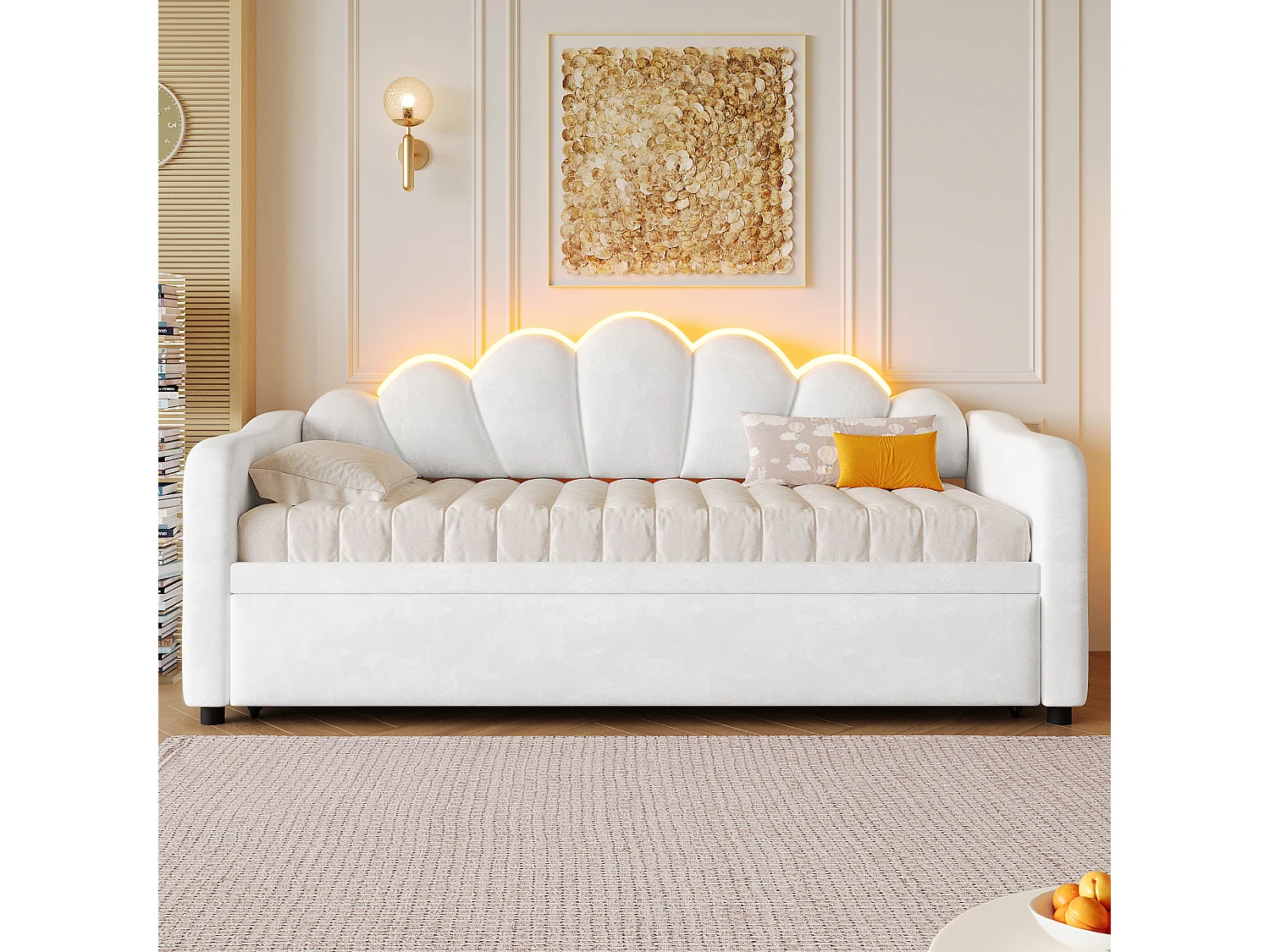 Gepolstertes Schlafsofa 90x200 cm - Mit Gästebett - Integrierte LED-Beleuchtung - Samt + MDF - Weiß​ (ohne Matratze)