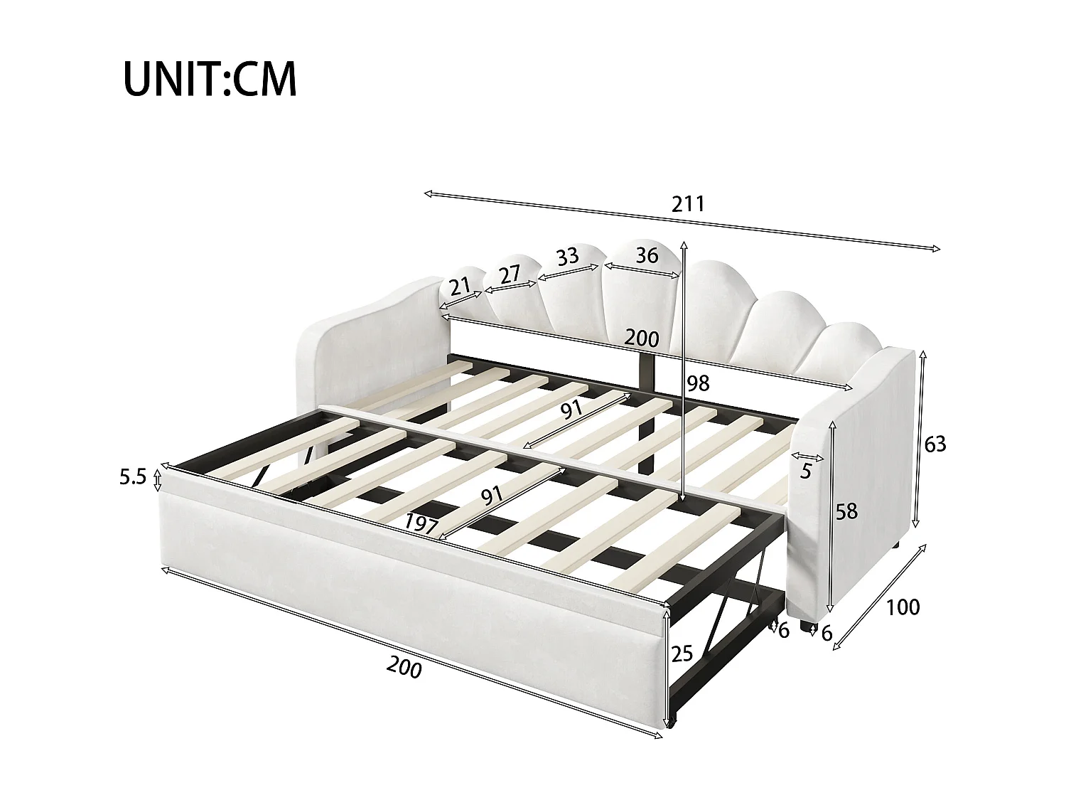 Gepolstertes Schlafsofa 90x200 cm - Mit Gästebett - Integrierte LED-Beleuchtung - Samt + MDF - Weiß​ (ohne Matratze)
