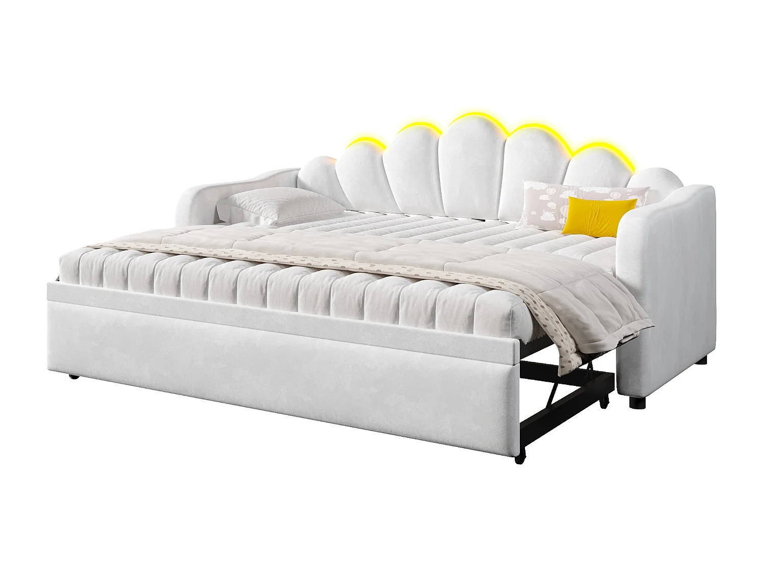 Gepolstertes Schlafsofa 90x200 cm - Mit Gästebett - Integrierte LED-Beleuchtung - Samt + MDF - Weiß​ (ohne Matratze)