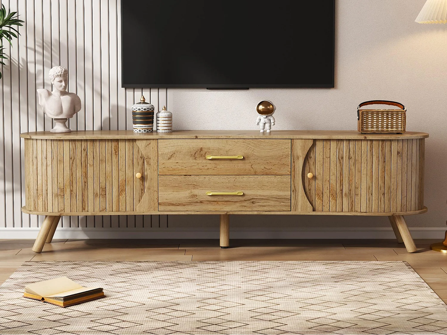 Meuble TV en forme de pois 160x36.5x55 cm - 2 portes coulissantes et 2 tiroirs - Pieds en bois massif - Finition bois - MDF - Naturel