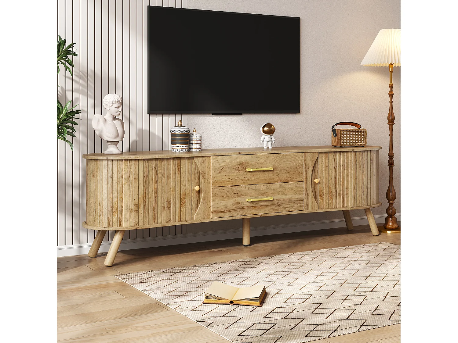 Meuble TV en forme de pois 160x36.5x55 cm - 2 portes coulissantes et 2 tiroirs - Pieds en bois massif - Finition bois - MDF - Naturel