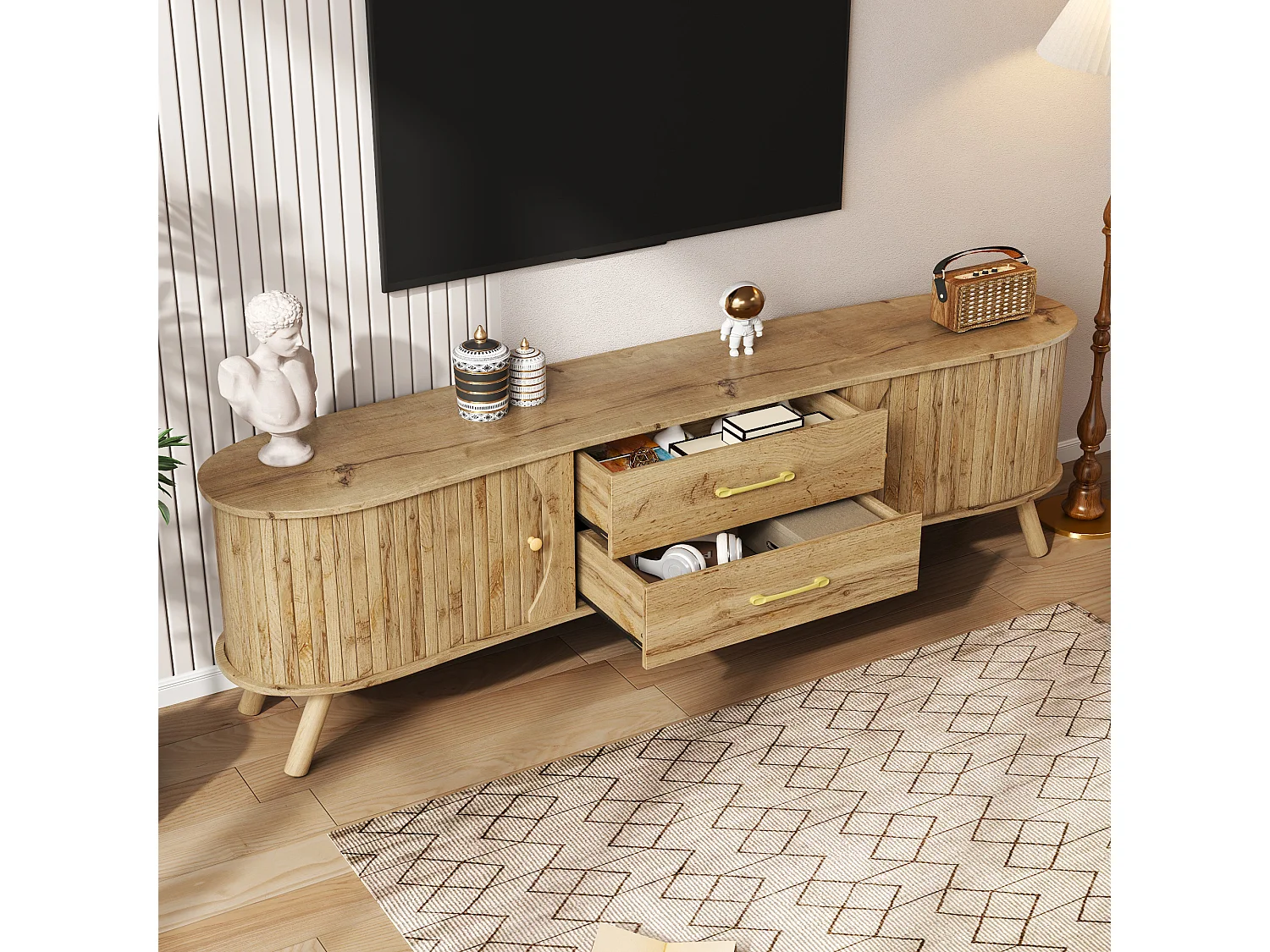 Meuble TV en forme de pois 160x36.5x55 cm - 2 portes coulissantes et 2 tiroirs - Pieds en bois massif - Finition bois - MDF - Naturel