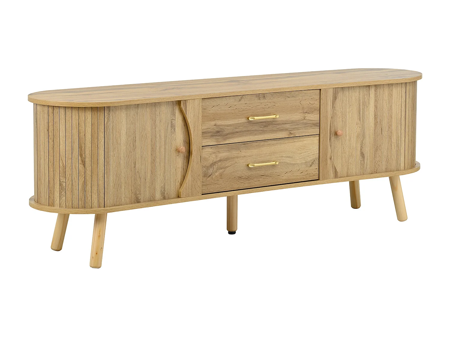 Meuble TV en forme de pois 160x36.5x55 cm - 2 portes coulissantes et 2 tiroirs - Pieds en bois massif - Finition bois - MDF - Naturel