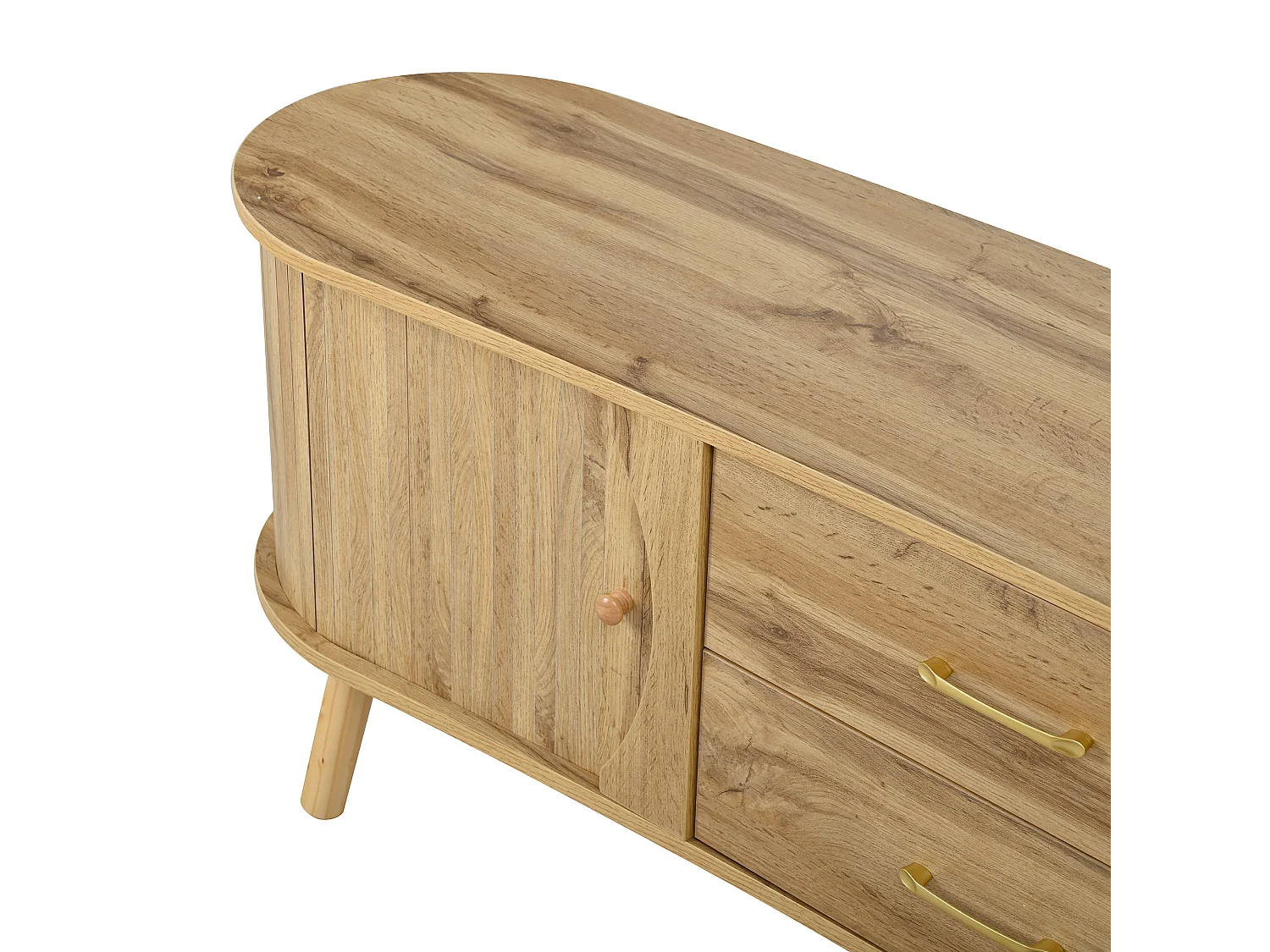 Meuble TV en forme de pois 160x36.5x55 cm - 2 portes coulissantes et 2 tiroirs - Pieds en bois massif - Finition bois - MDF - Naturel