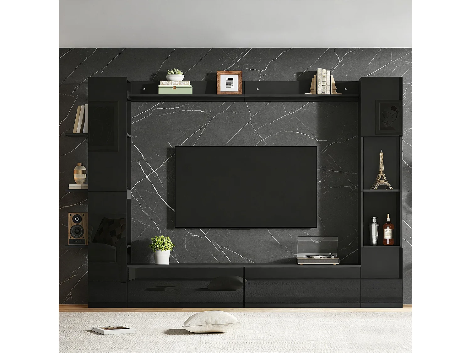 Woonkamer TV-meubel set - Vitrinekast, TV-meubel, open planken - Hoogglans afwerking - MDF - Zwart