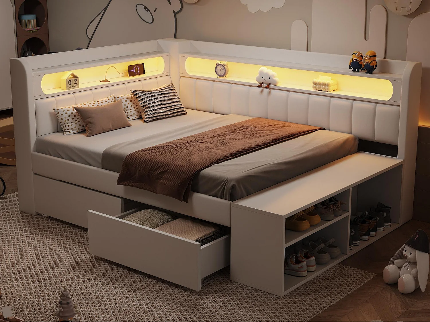 Gepolstertes Schlafsofa 90x200 cm - LED-Beleuchtung und USB-Anschluss - 2 Schubladen und Schuhablage - MDF+Leinen - Weiß​ (ohne Matratze)