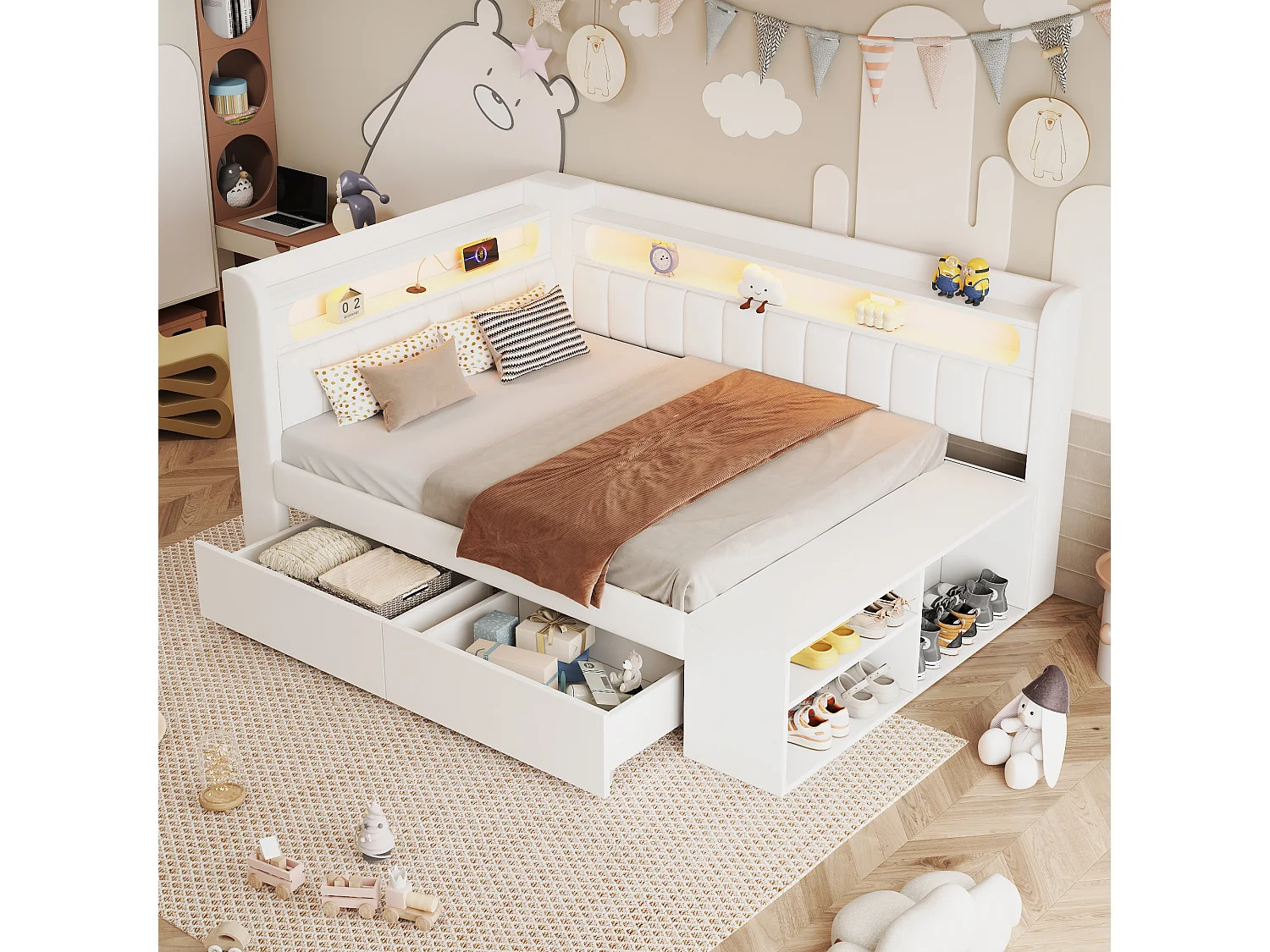 Gepolstertes Schlafsofa 90x200 cm - LED-Beleuchtung und USB-Anschluss - 2 Schubladen und Schuhablage - MDF+Leinen - Weiß​ (ohne Matratze)