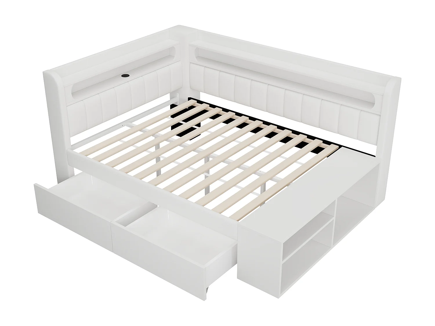 Gepolstertes Schlafsofa 90x200 cm - LED-Beleuchtung und USB-Anschluss - 2 Schubladen und Schuhablage - MDF+Leinen - Weiß​ (ohne Matratze)