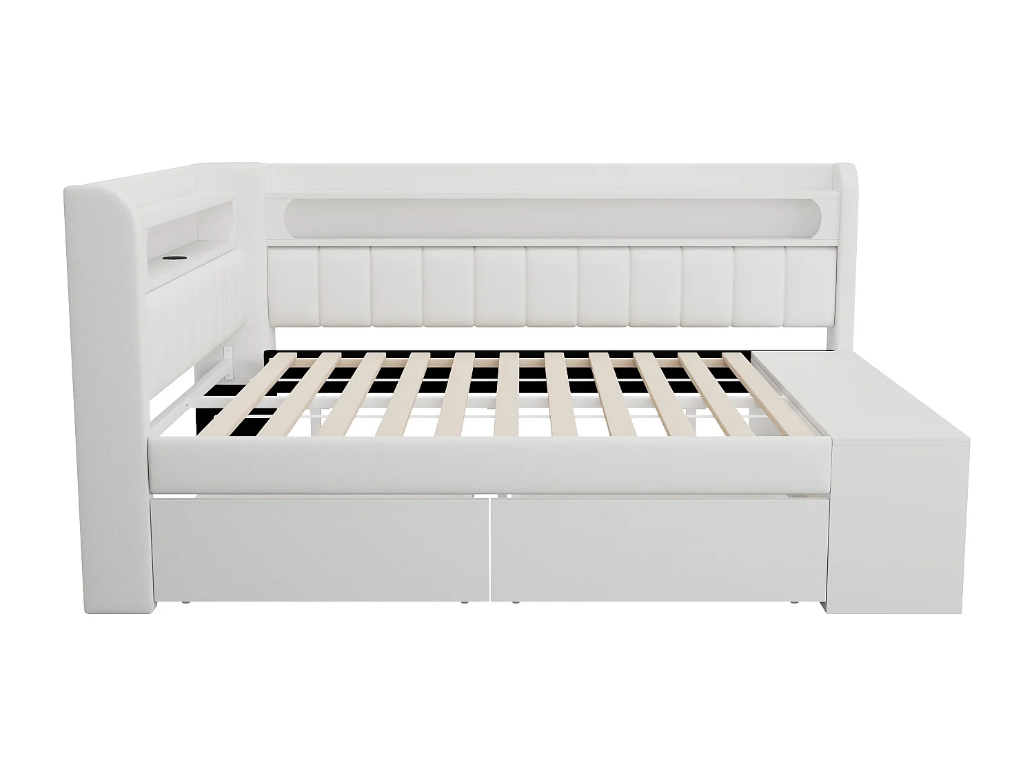 Gepolstertes Schlafsofa 90x200 cm - LED-Beleuchtung und USB-Anschluss - 2 Schubladen und Schuhablage - MDF+Leinen - Weiß​ (ohne Matratze)