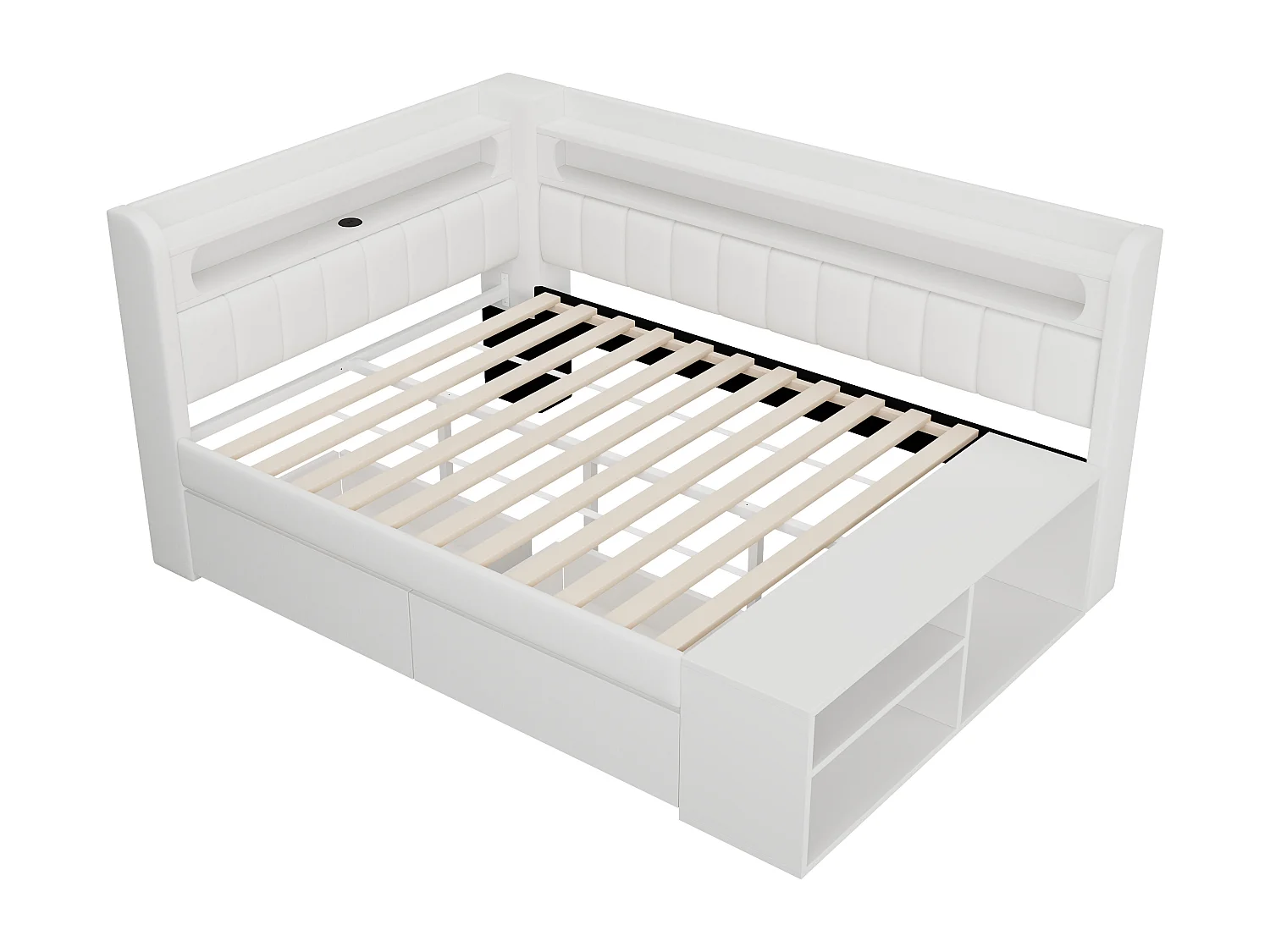 Gepolstertes Schlafsofa 90x200 cm - LED-Beleuchtung und USB-Anschluss - 2 Schubladen und Schuhablage - MDF+Leinen - Weiß​ (ohne Matratze)