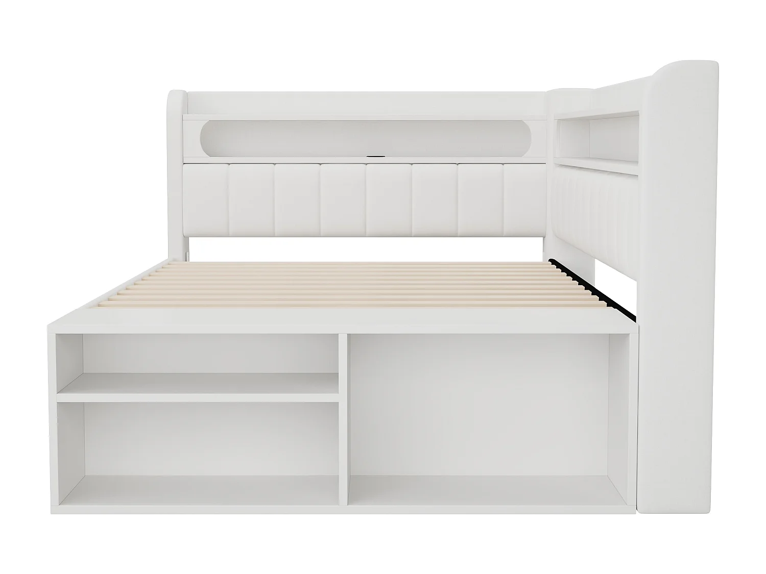 Gepolstertes Schlafsofa 90x200 cm - LED-Beleuchtung und USB-Anschluss - 2 Schubladen und Schuhablage - MDF+Leinen - Weiß​ (ohne Matratze)