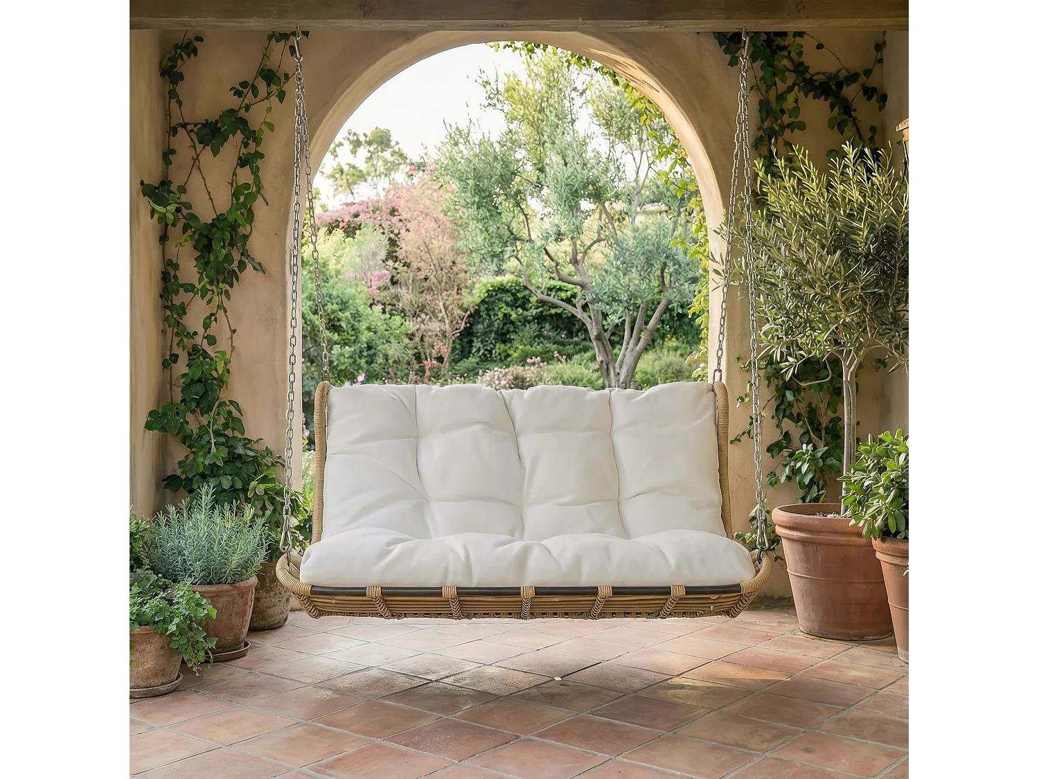 Fauteuil Suspendu Double en Résine Tressée - Balançoire de Jardin 2 Places avec Coussins Déhoussables et Chaînes - Sans Support - Beige