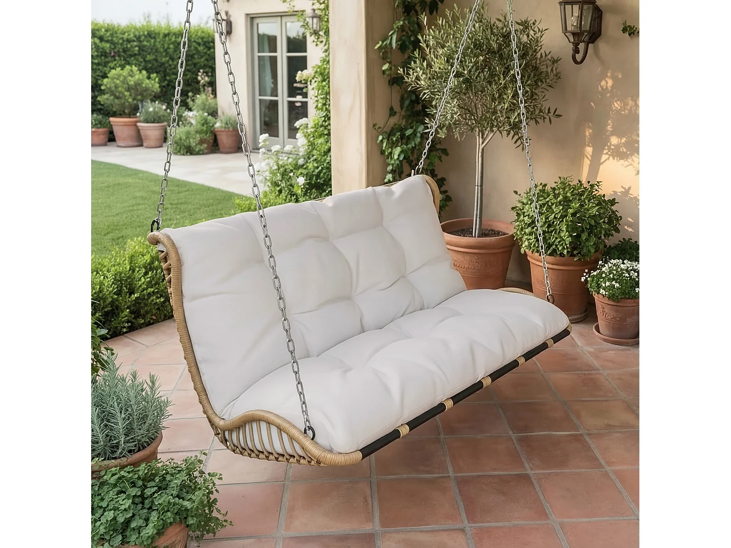 Fauteuil Suspendu Double en Résine Tressée - Balançoire de Jardin 2 Places avec Coussins Déhoussables et Chaînes - Sans Support - Beige