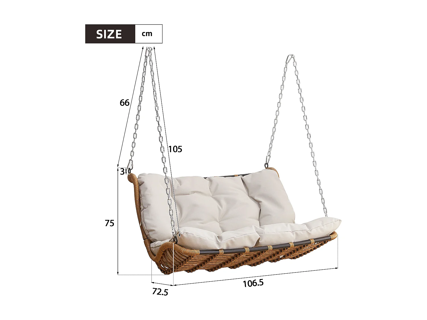 Fauteuil Suspendu Double en Résine Tressée - Balançoire de Jardin 2 Places avec Coussins Déhoussables et Chaînes - Sans Support - Beige