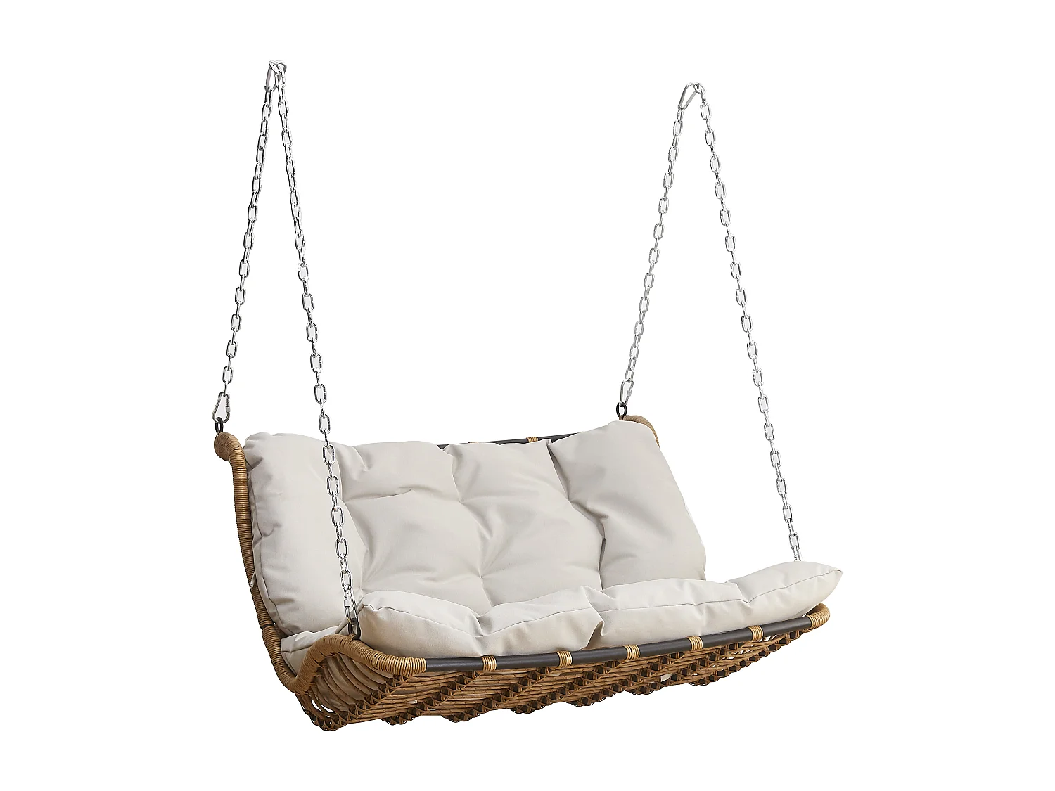 Fauteuil Suspendu Double en Résine Tressée - Balançoire de Jardin 2 Places avec Coussins Déhoussables et Chaînes - Sans Support - Beige