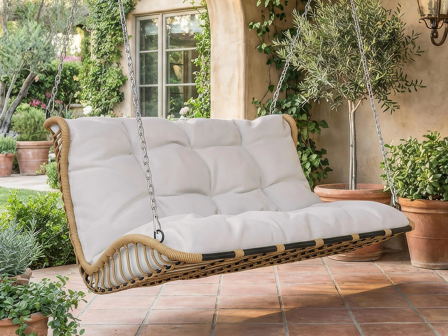 Fauteuil Suspendu Double en Résine Tressée - Balançoire de Jardin 2 Places avec Coussins Déhoussables et Chaînes - Sans Support - Beige