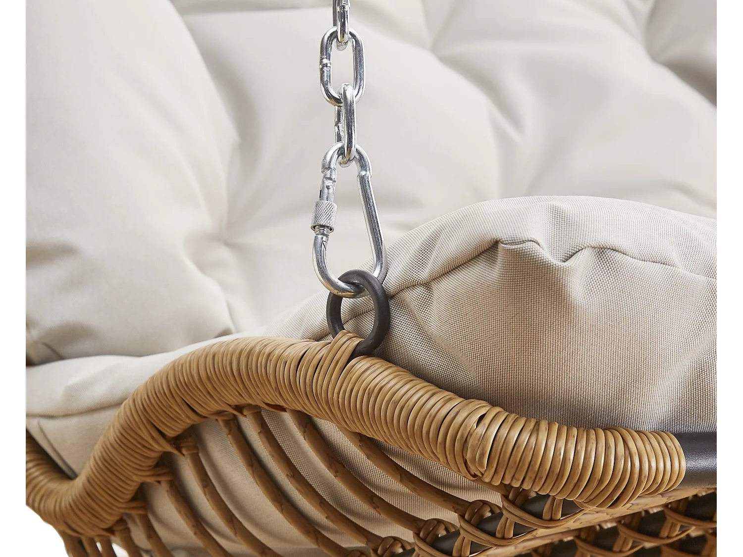 Fauteuil Suspendu Double en Résine Tressée - Balançoire de Jardin 2 Places avec Coussins Déhoussables et Chaînes - Sans Support - Beige