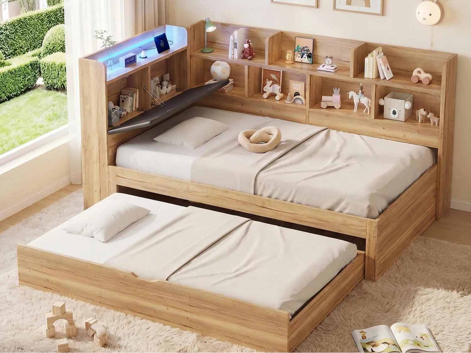 Canapé-lit enfant 90x200cm - Avec lit gigogne 90x190cm - Avec lumière LED et port USB - Avec étagères - Naturel (sans matelas)