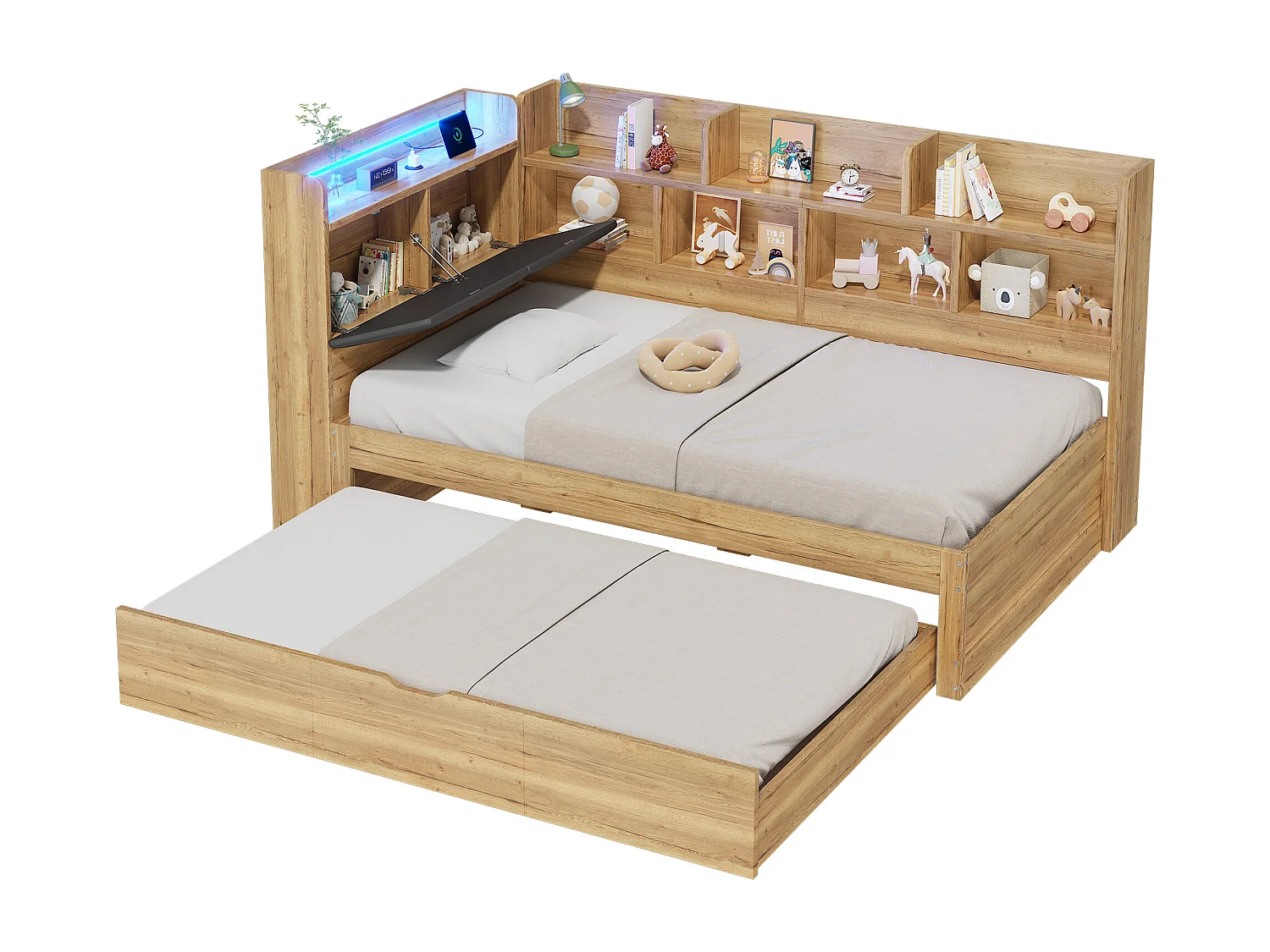 Canapé-lit enfant 90x200cm - Avec lit gigogne 90x190cm - Avec lumière LED et port USB - Avec étagères - Naturel (sans matelas)
