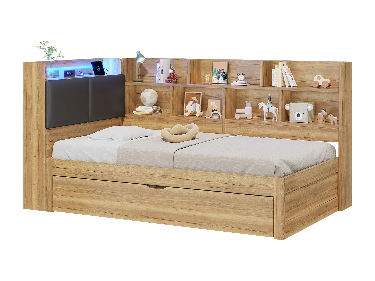 Canapé-lit enfant 90x200cm - Avec lit gigogne 90x190cm - Avec lumière LED et port USB - Avec étagères - Naturel (sans matelas)