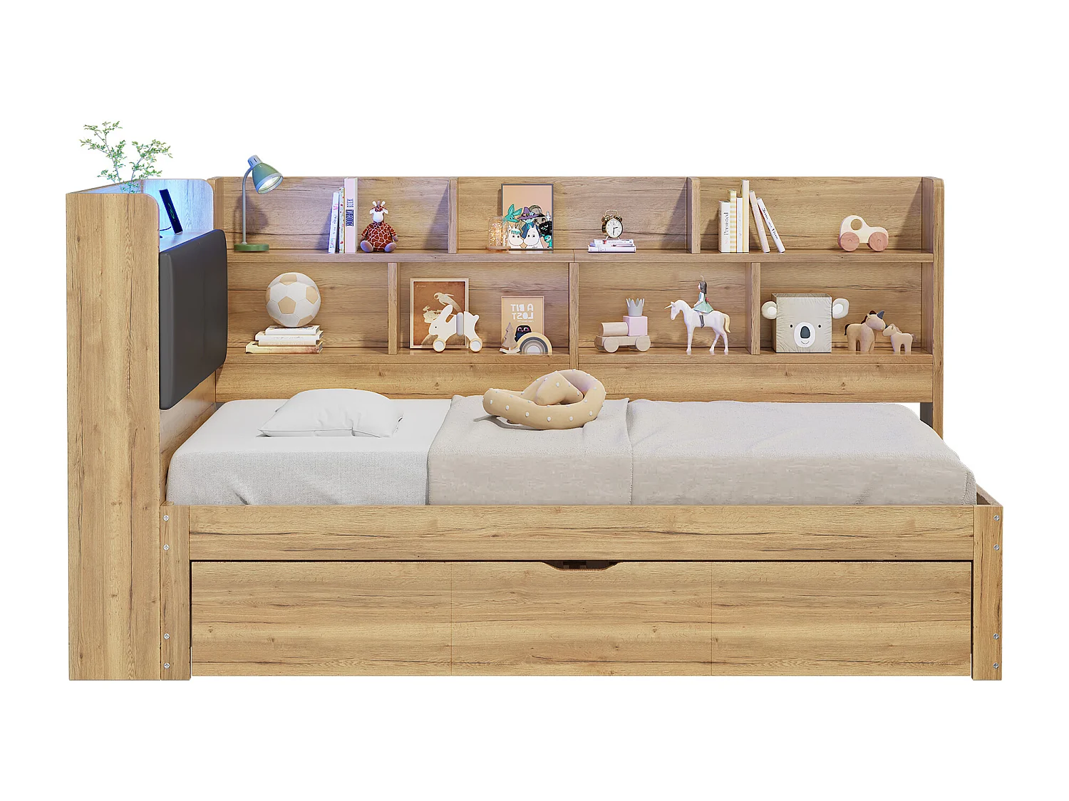 Canapé-lit enfant 90x200cm - Avec lit gigogne 90x190cm - Avec lumière LED et port USB - Avec étagères - Naturel (sans matelas)