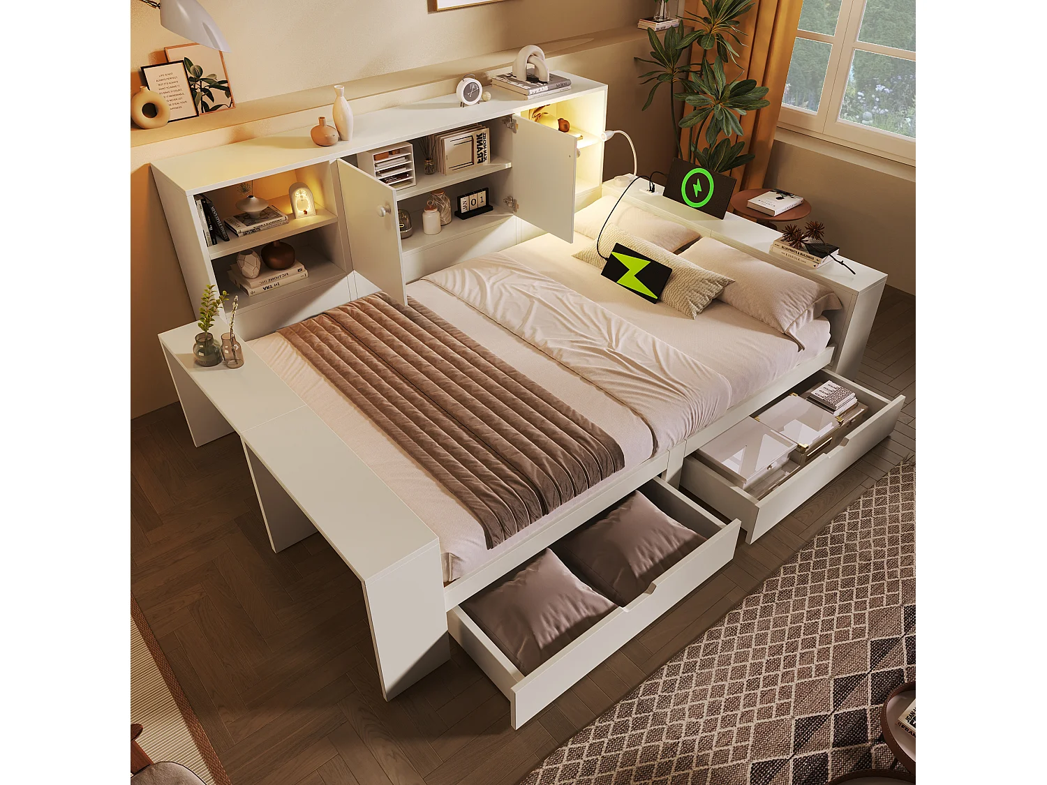 Lit banquette coffre pour enfant - 90 x 200 cm - avec tiroirs + étagère de rangement + USB - MDF - blanc