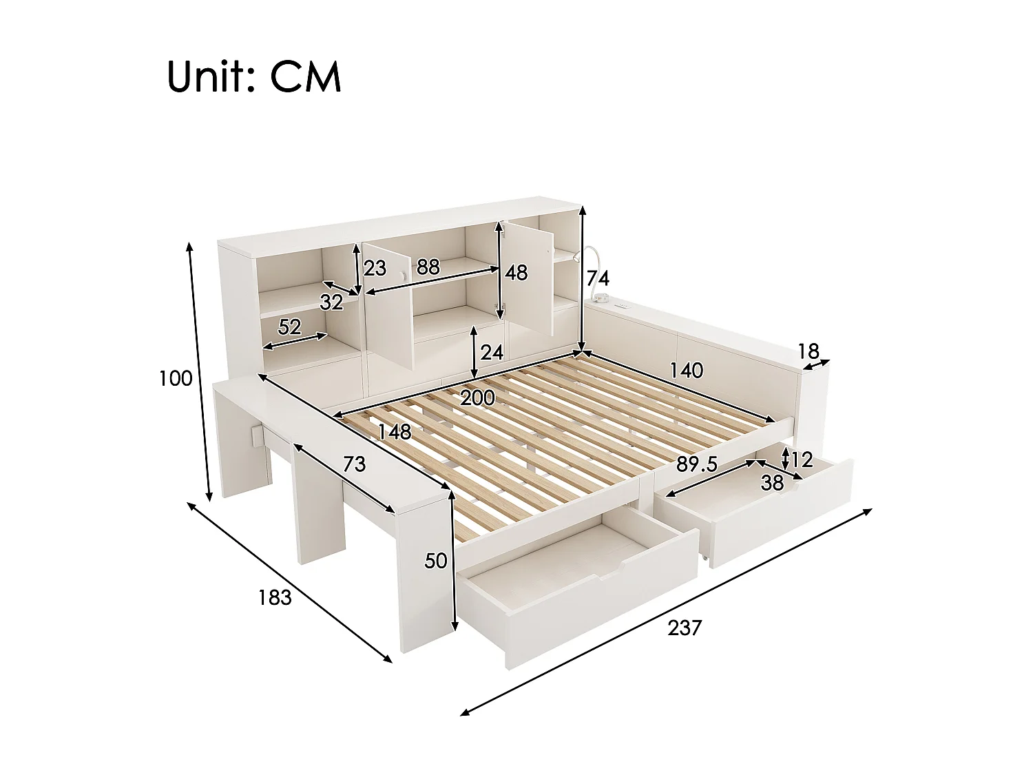 Lit banquette coffre pour enfant - 90 x 200 cm - avec tiroirs + étagère de rangement + USB - MDF - blanc